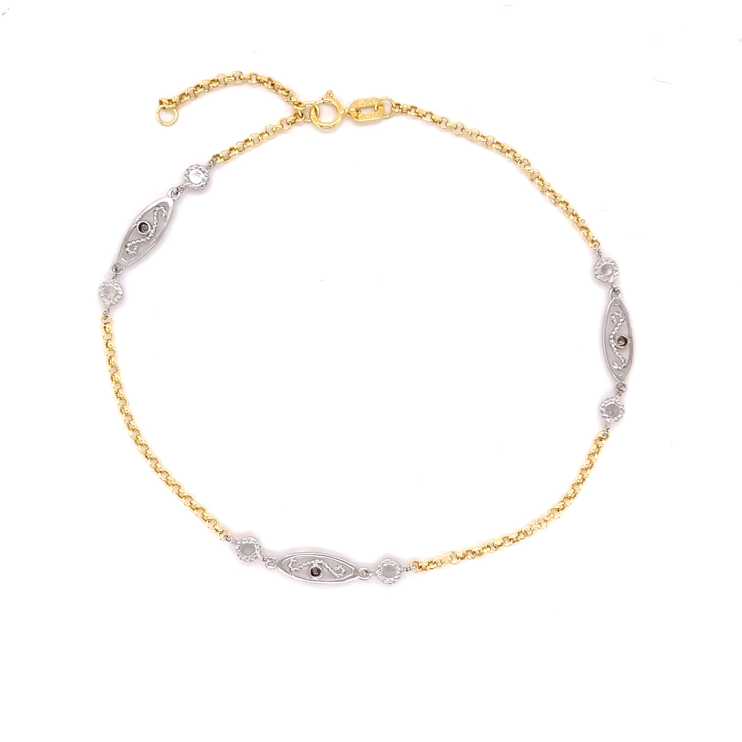14K Two Tone Gold Vintage-Inspired Filigree Anklet, 10" Adjustable