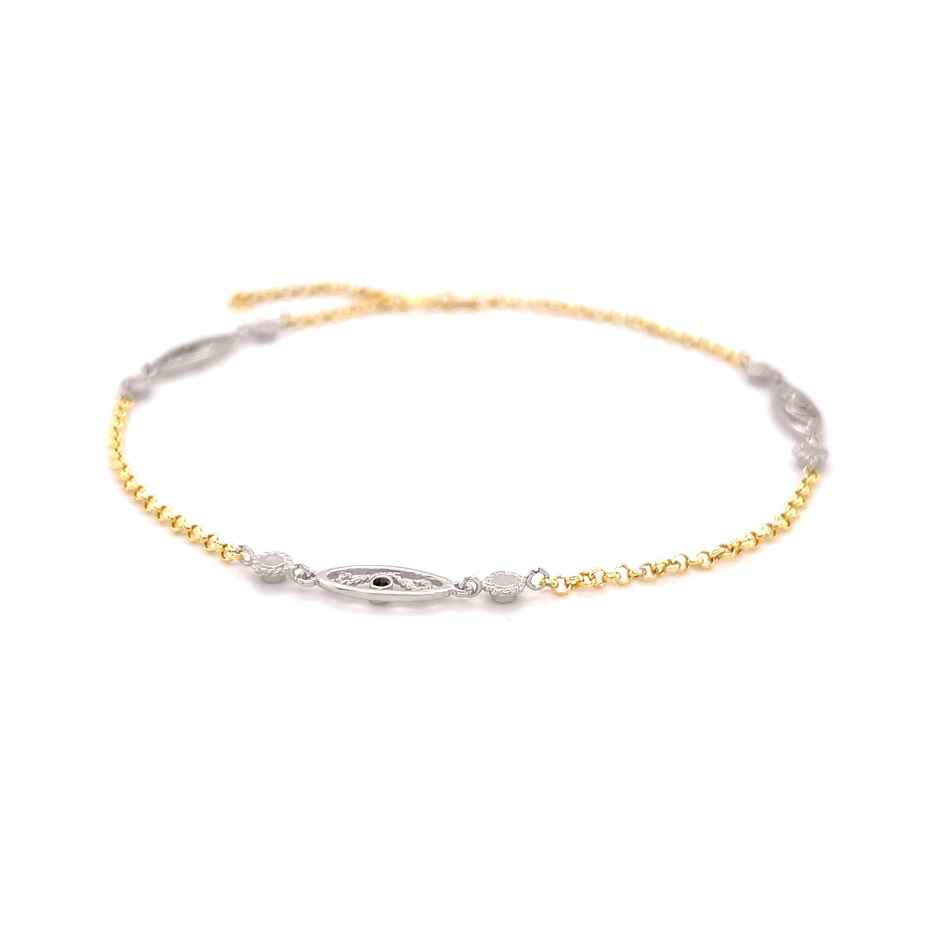 14K Two Tone Gold Vintage-Inspired Filigree Anklet, 10" Adjustable