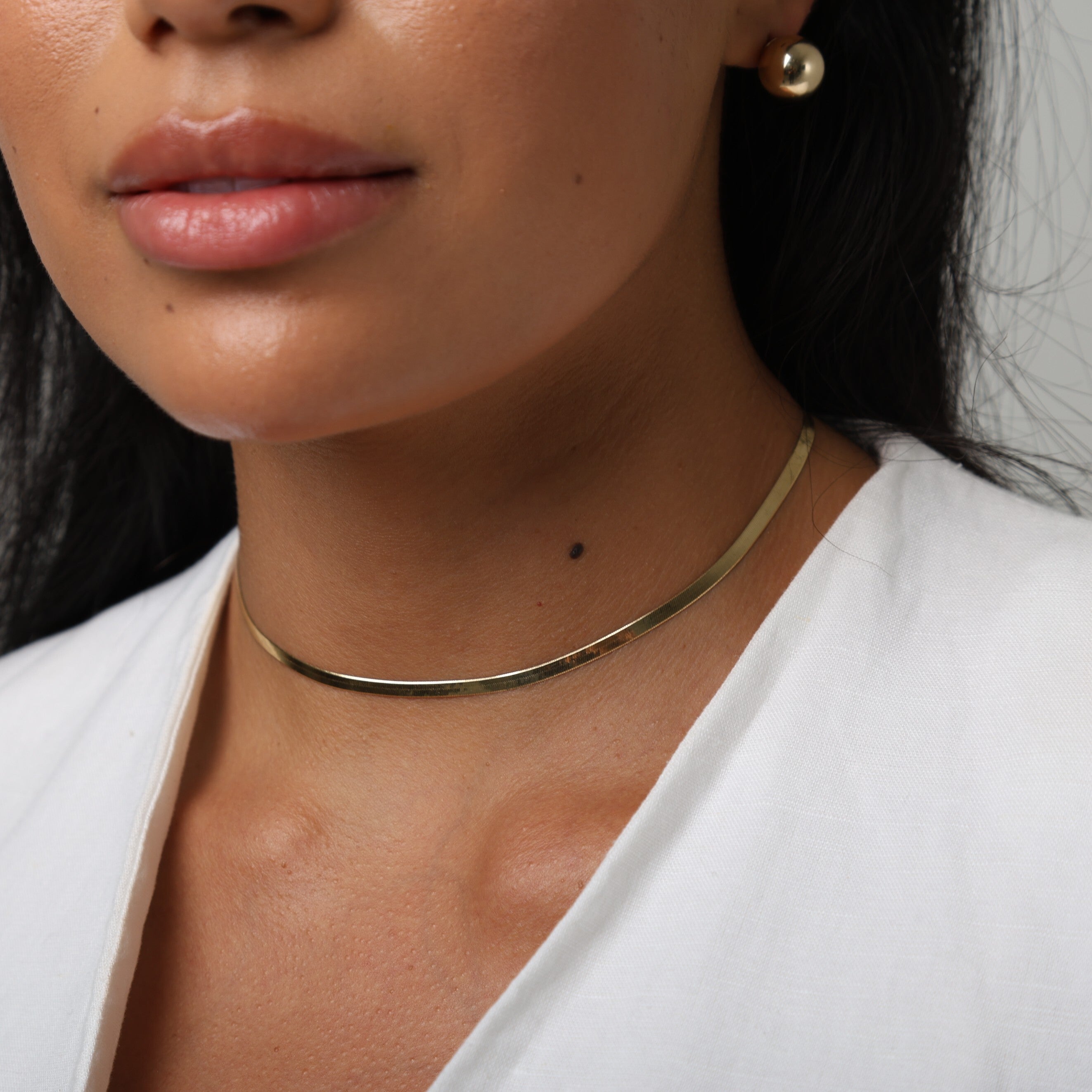 14K Gold Dainty Herringbone Choker Necklace - 14" 