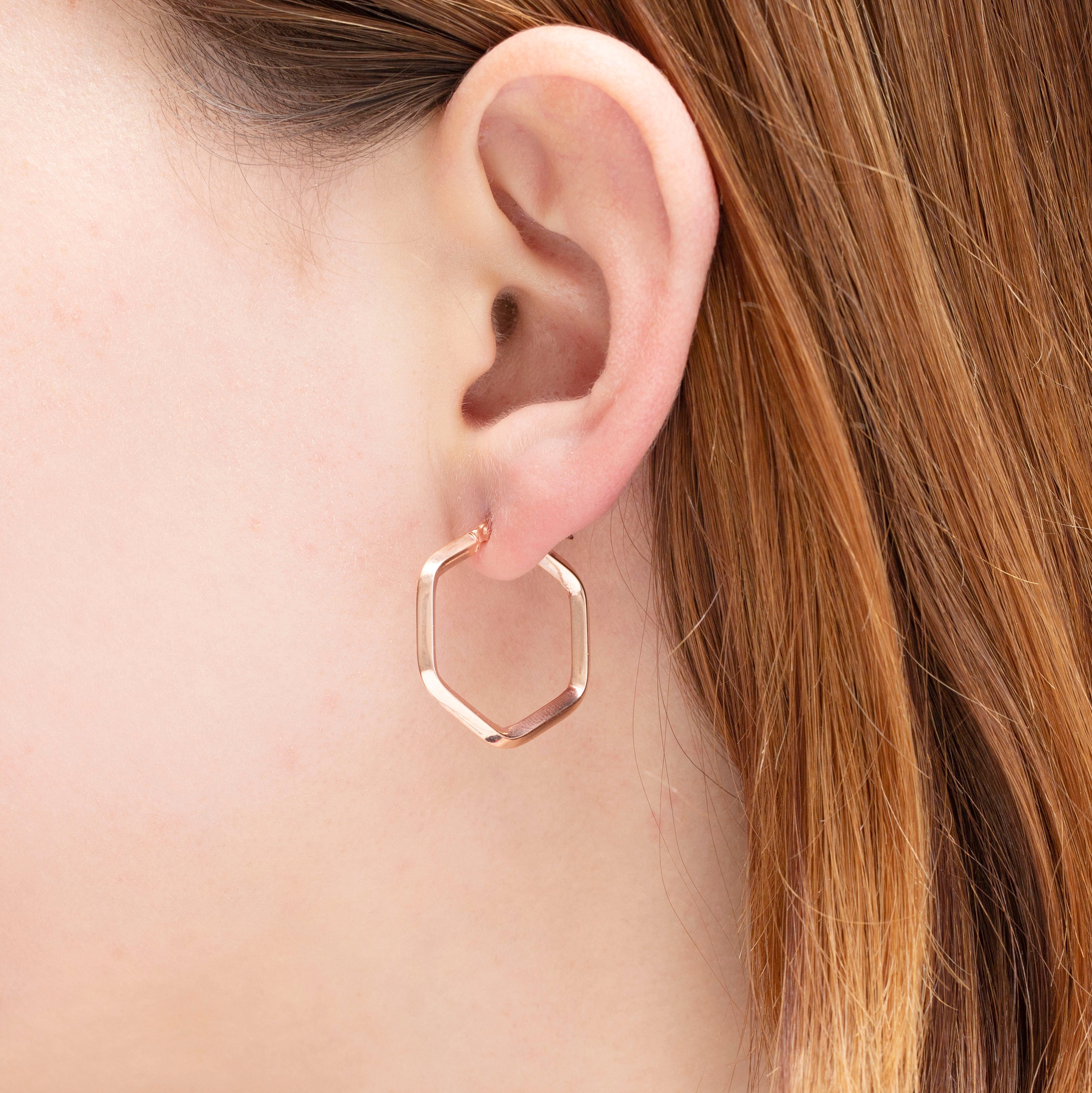 14K Rose Gold Hexagon Hoop Earrings