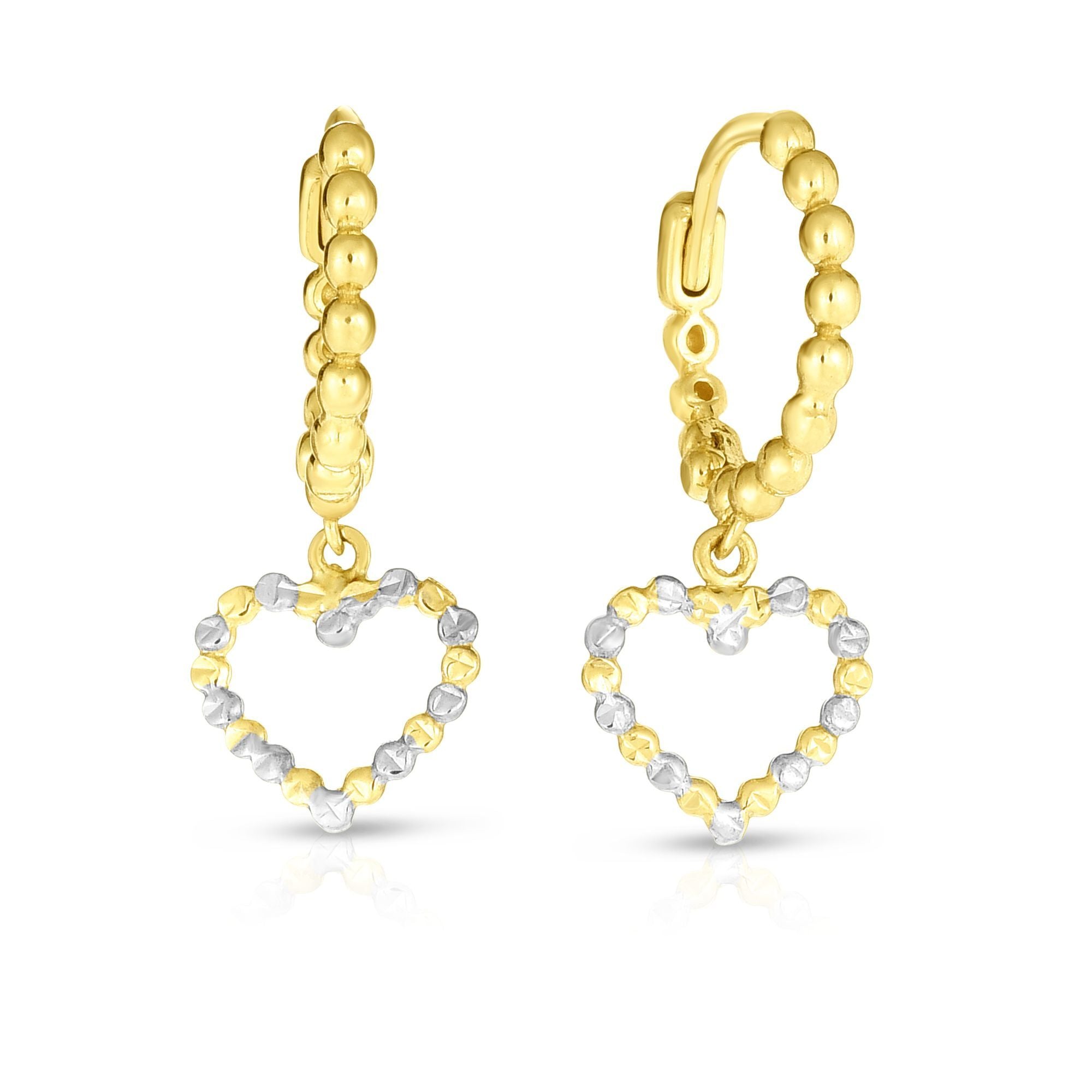 14K Two Tone Gold Beaded Heart Drop Earrings