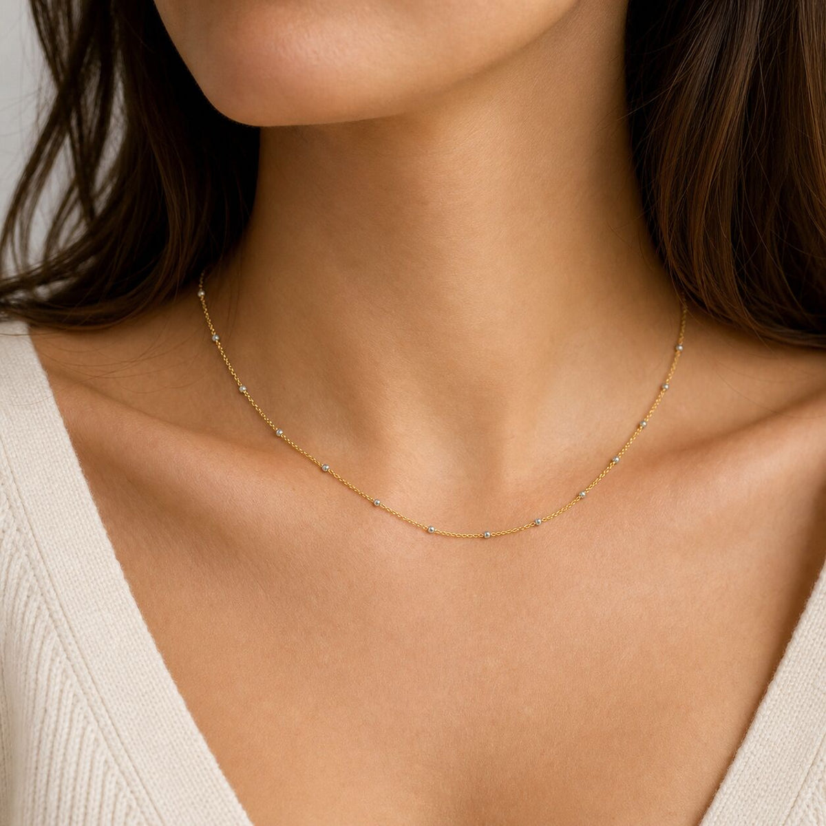 14K Two-Tone Gold Dainty Saturn Bead Station Necklace, 16-14" Adjustable