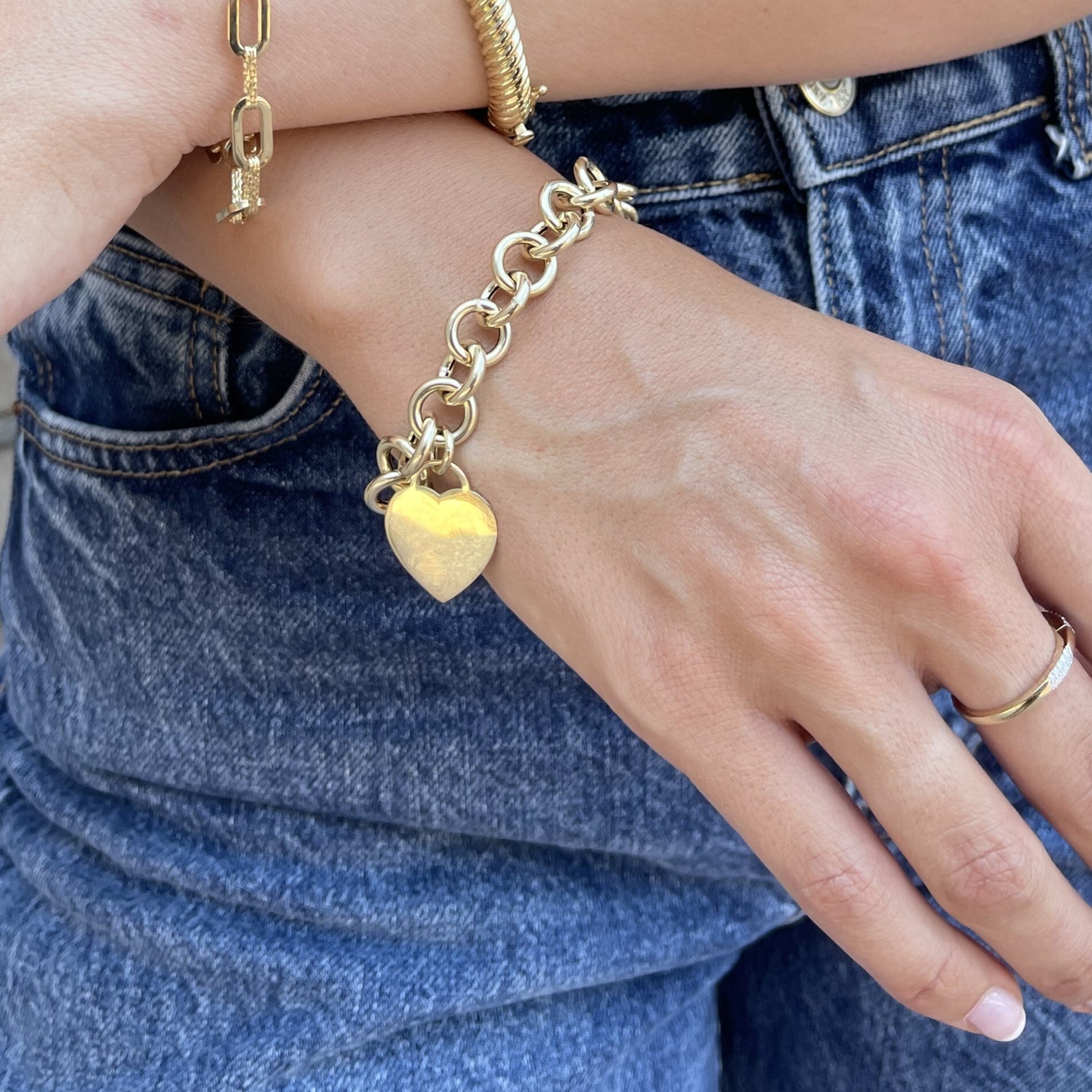 14K Gold Heart Tag Rolo Link Bracelet