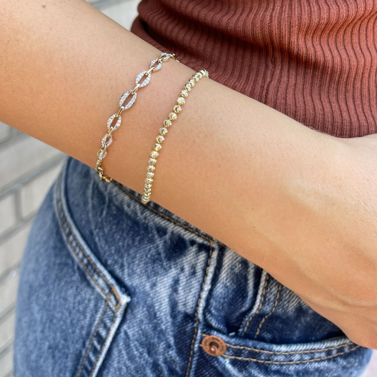 14K Gold Moon-Cut Bead Stretchable Bracelet