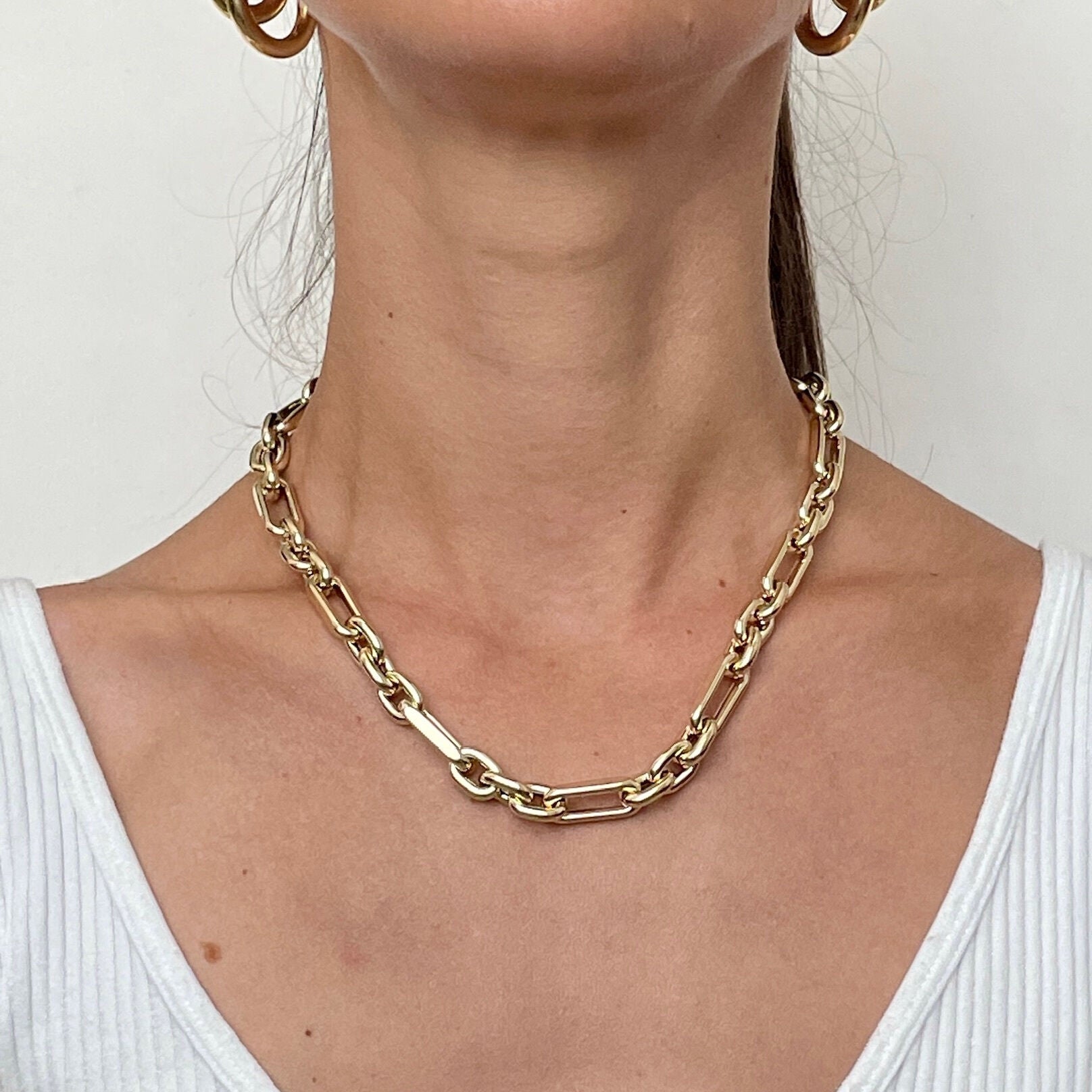 14K Gold Chunky Paperclip And Oval Link Necklace