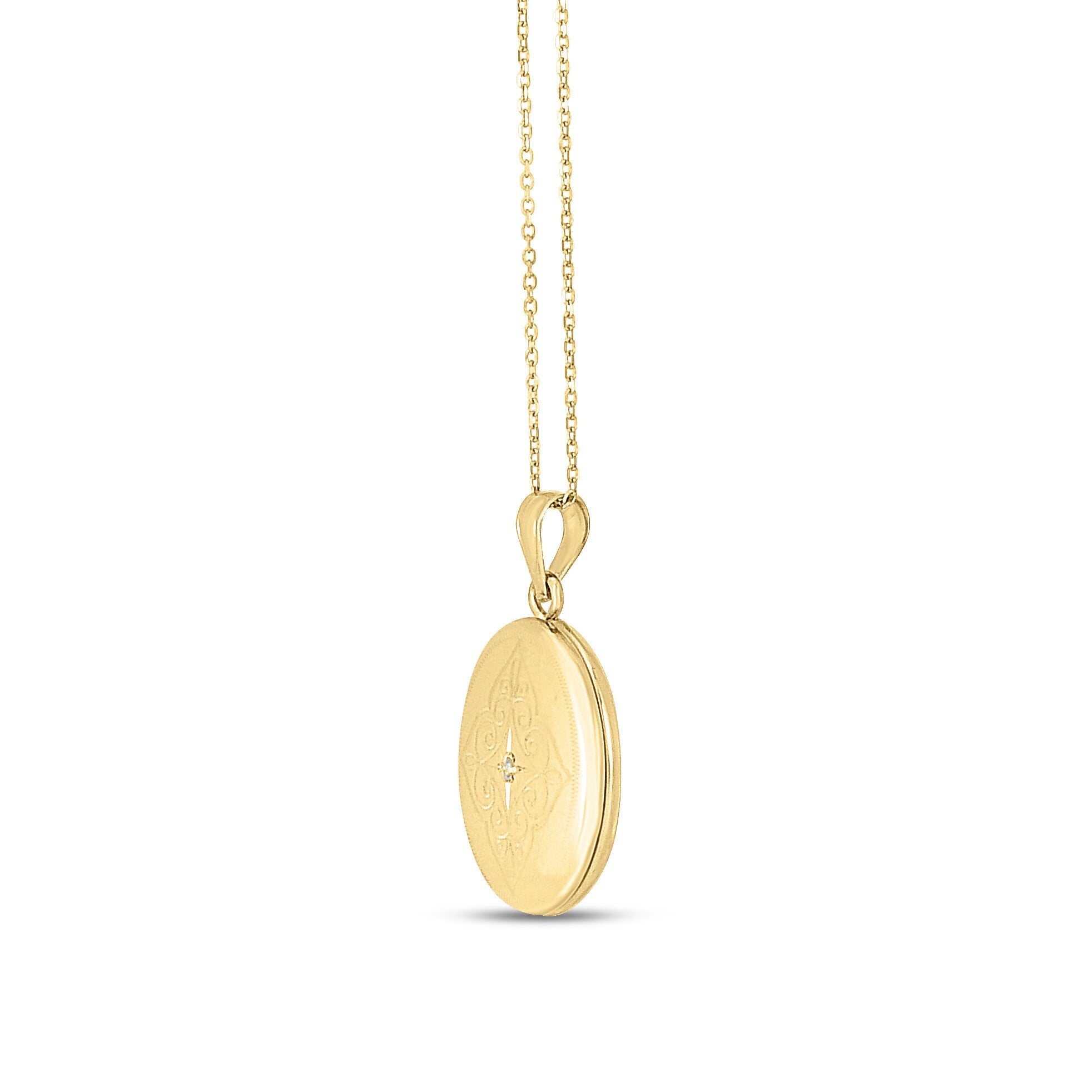 14K Gold And Diamond Etched Oval Locket Necklace