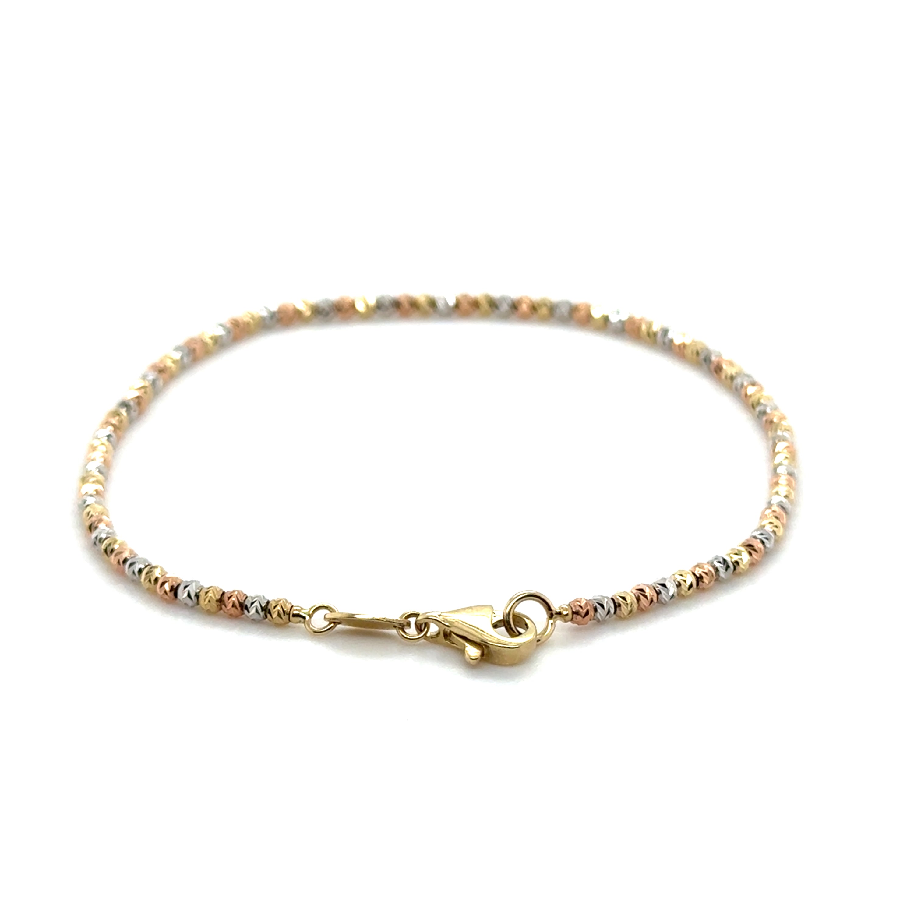 10K Tricolor Gold Dainty Diamond Cut Bead Bracelet, 7"