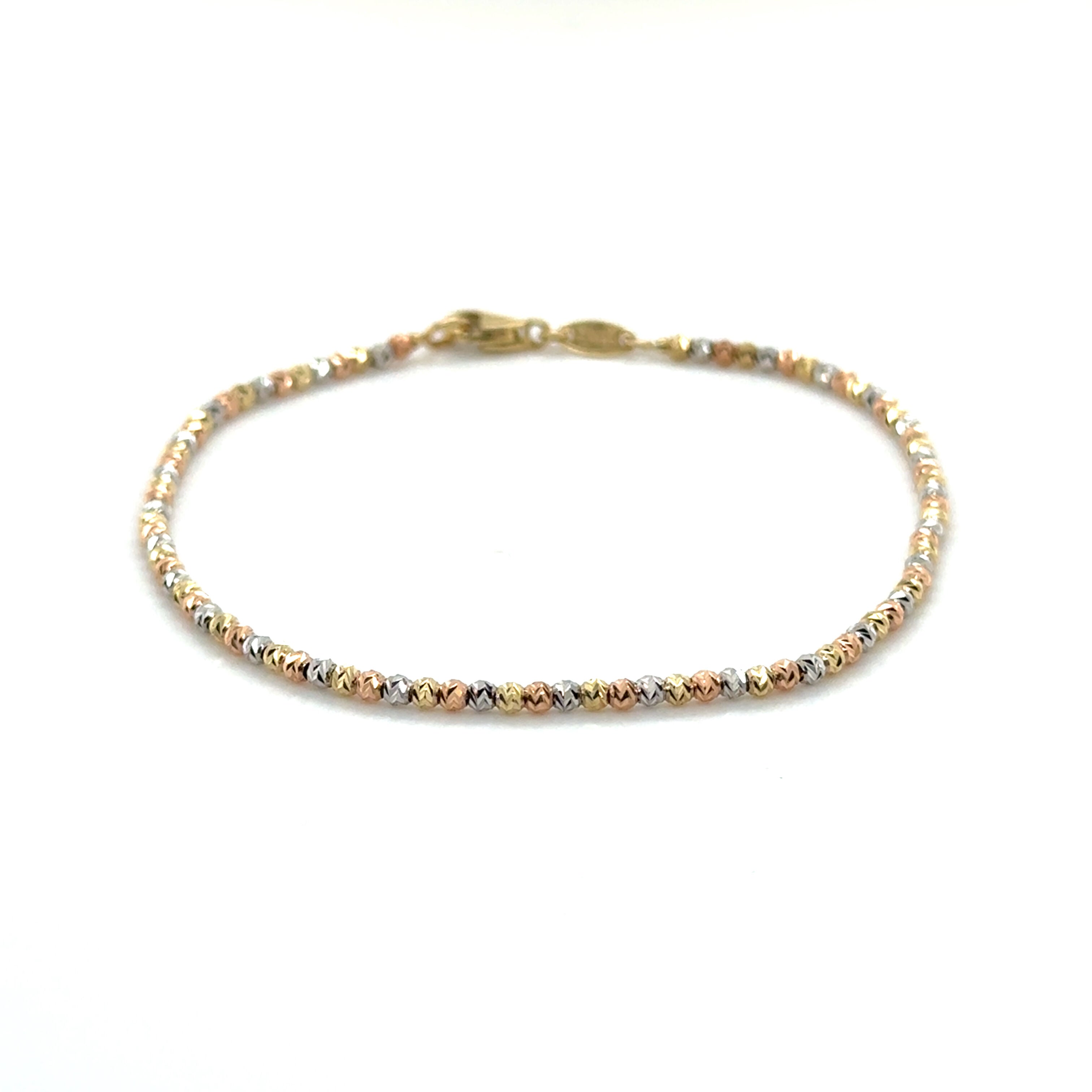 10K Tricolor Gold Dainty Diamond Cut Bead Bracelet, 7"