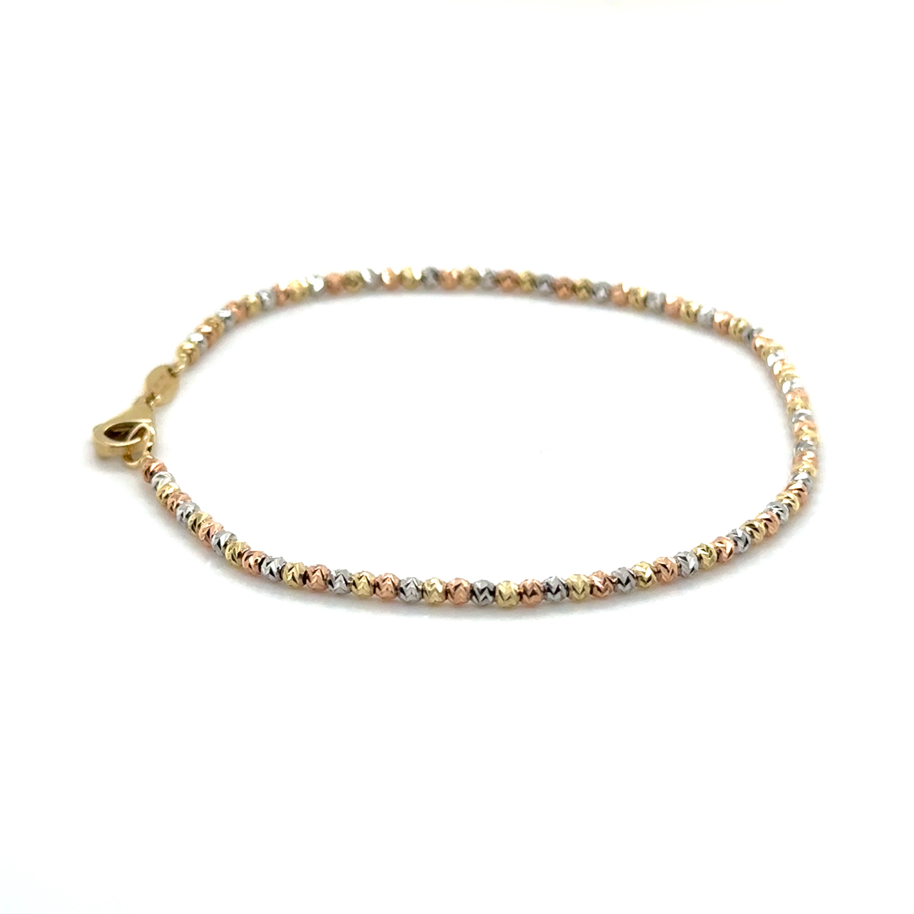 10K Tricolor Gold Dainty Diamond Cut Bead Bracelet, 7"