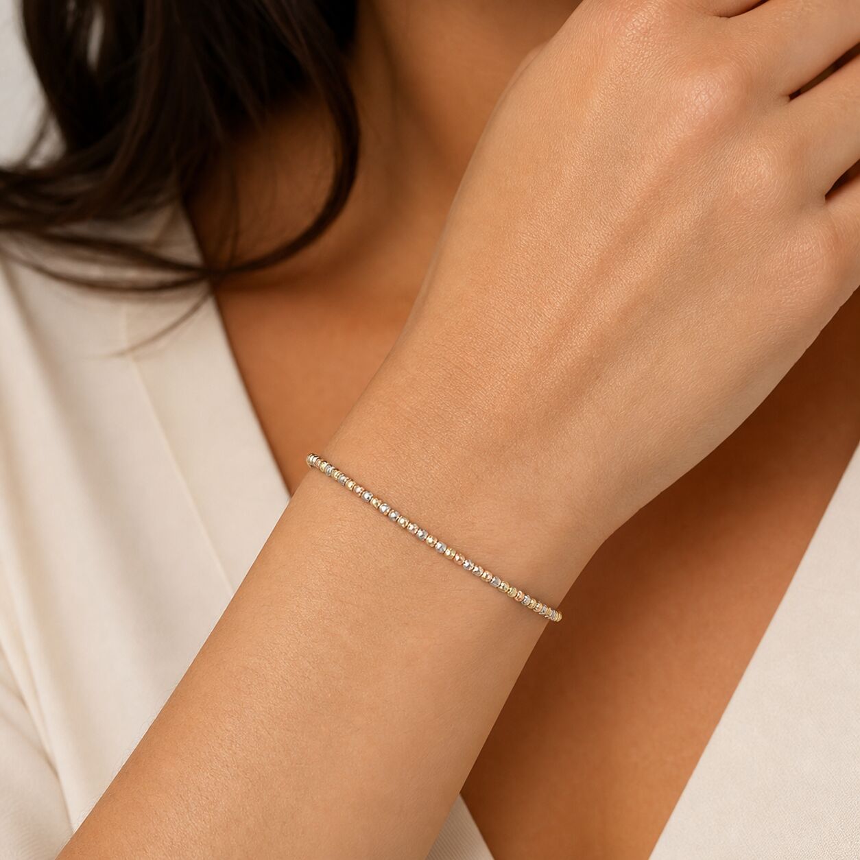 10K Tricolor Gold Dainty Diamond Cut Bead Bracelet, 7"