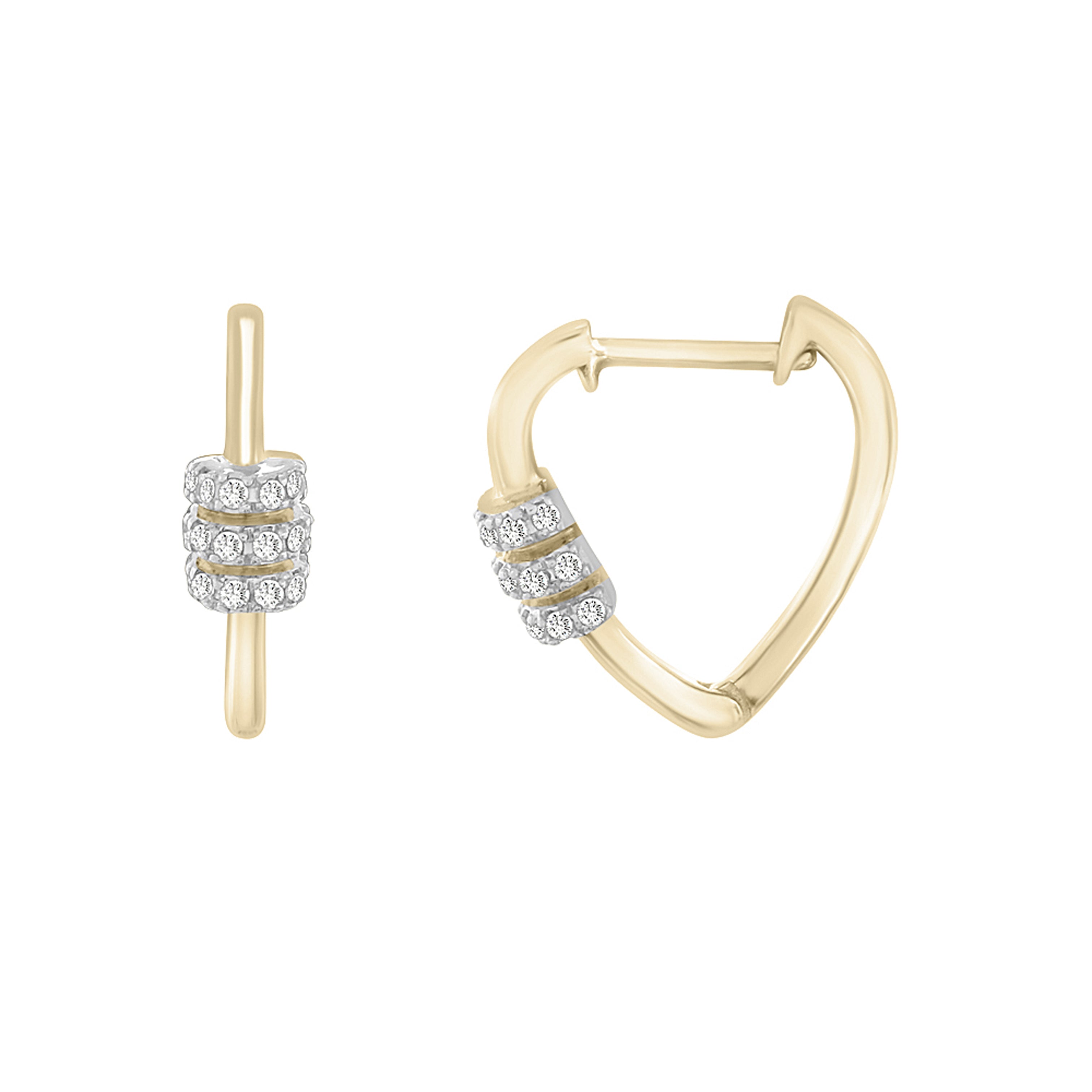 Diamond Heart Carabiner Huggie Hoops In 14K Gold