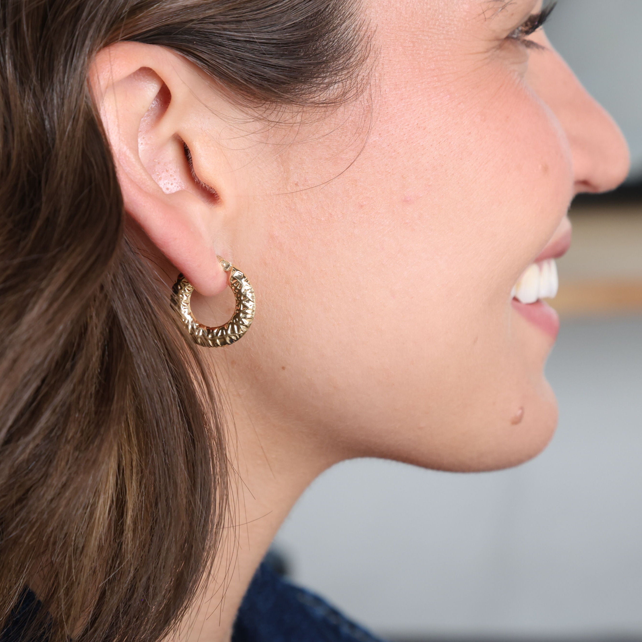 14K Gold Small Puffed Textured Hoops.