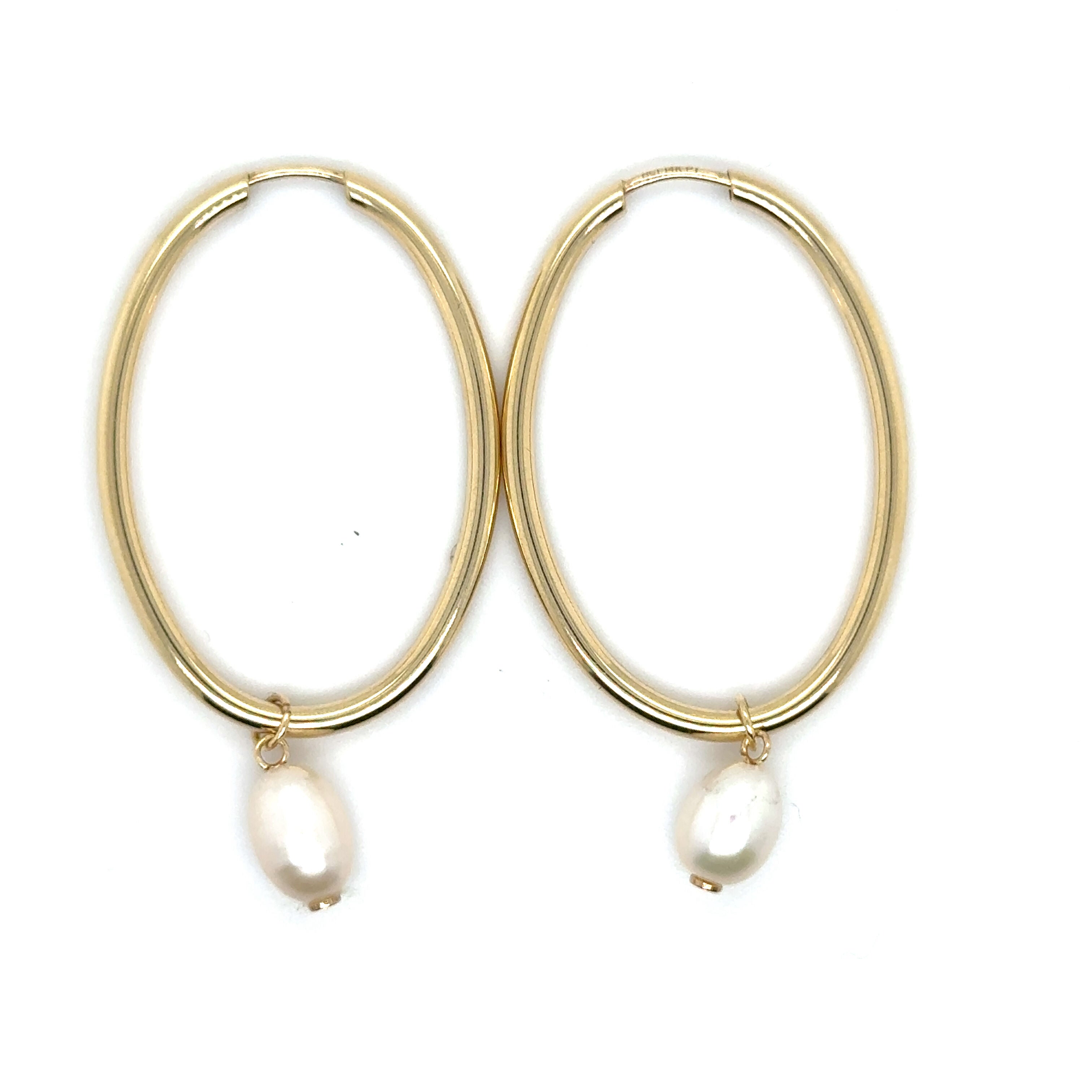 14K Gold Pearl Drop Oval Hoops