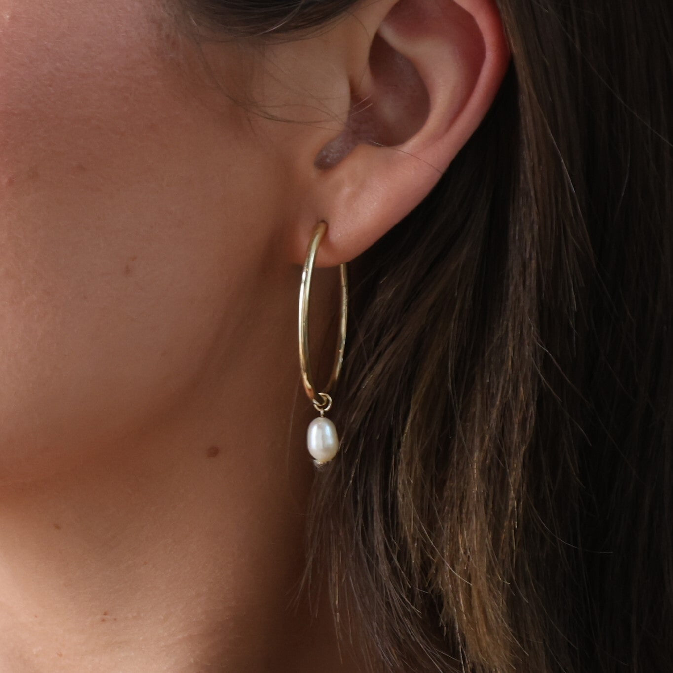 14K Gold Pearl Drop Oval Hoops