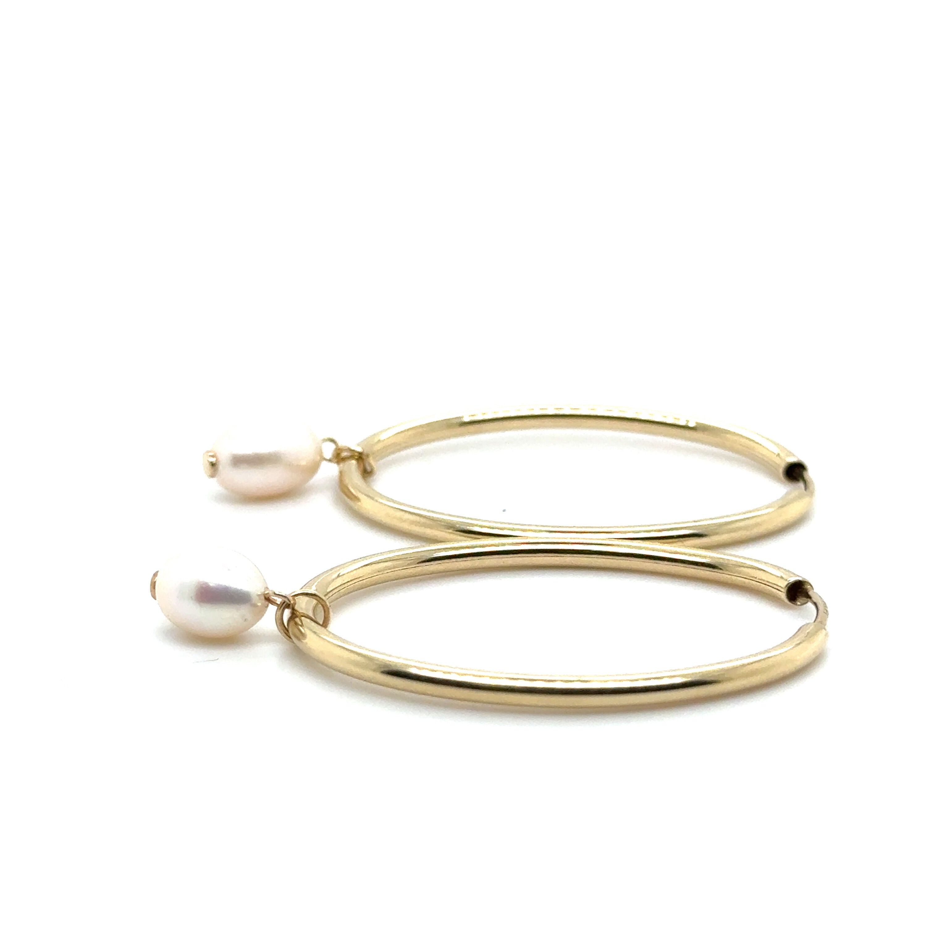 14K Gold Pearl Drop Oval Hoops