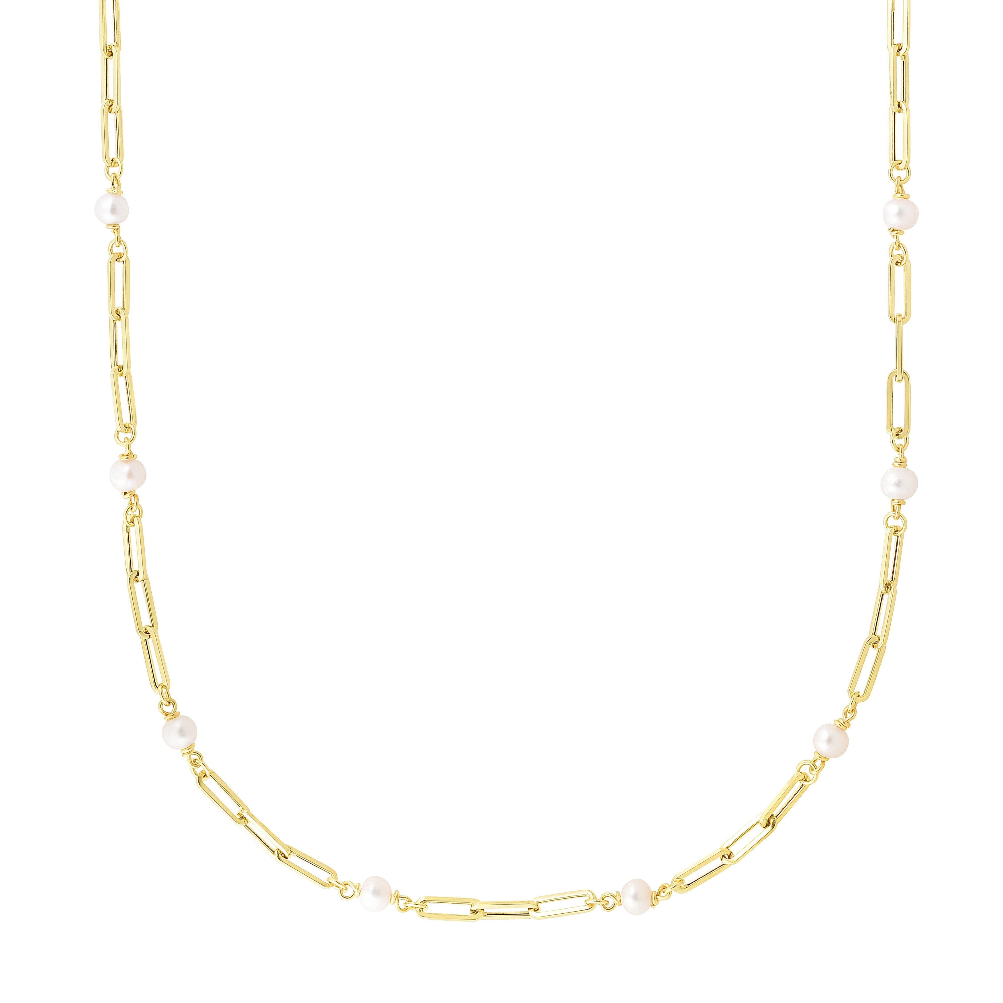 14K Gold Pearl Station Paperclip Link Necklace