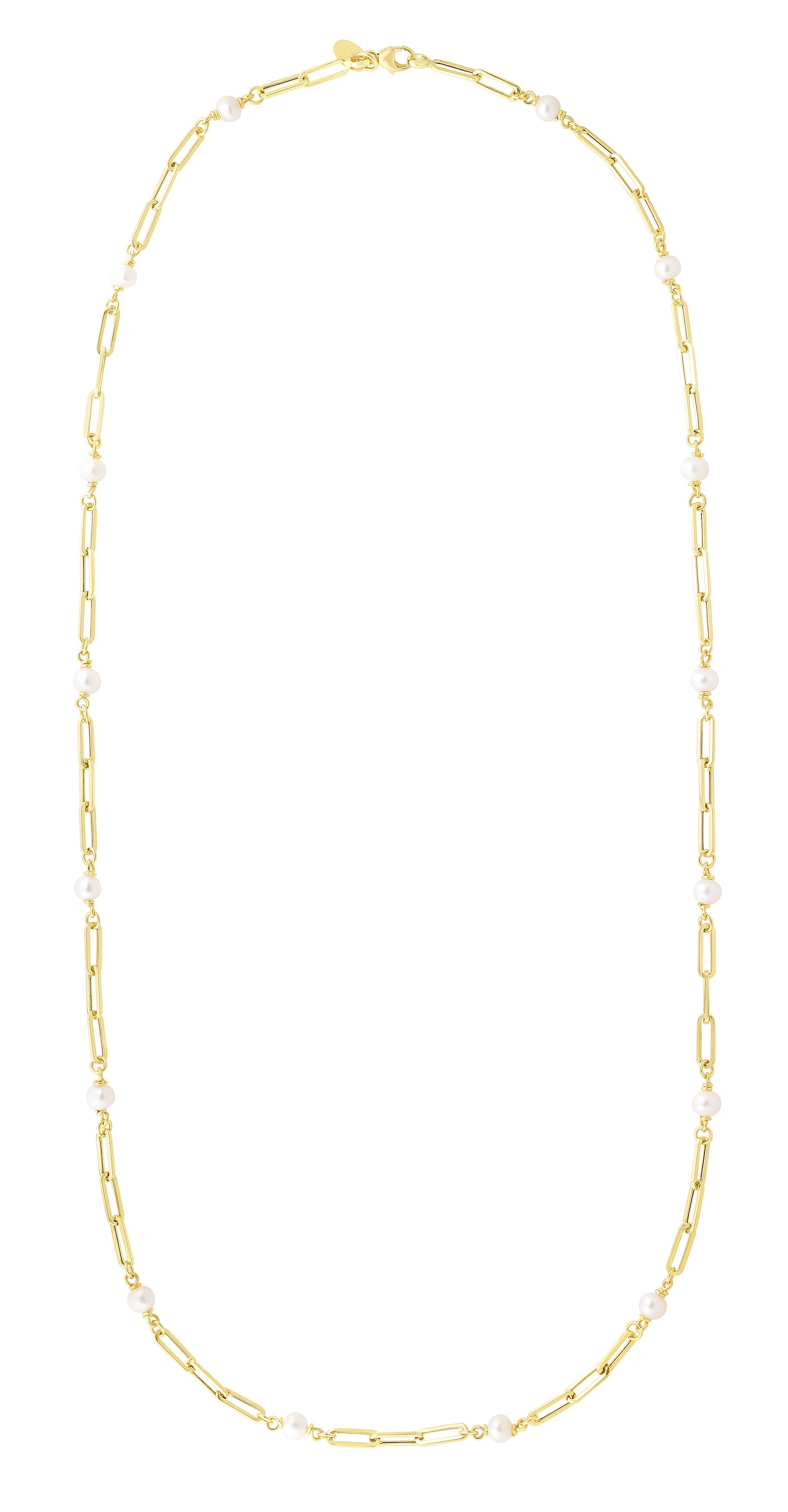 14K Gold Pearl Station Paperclip Link Necklace