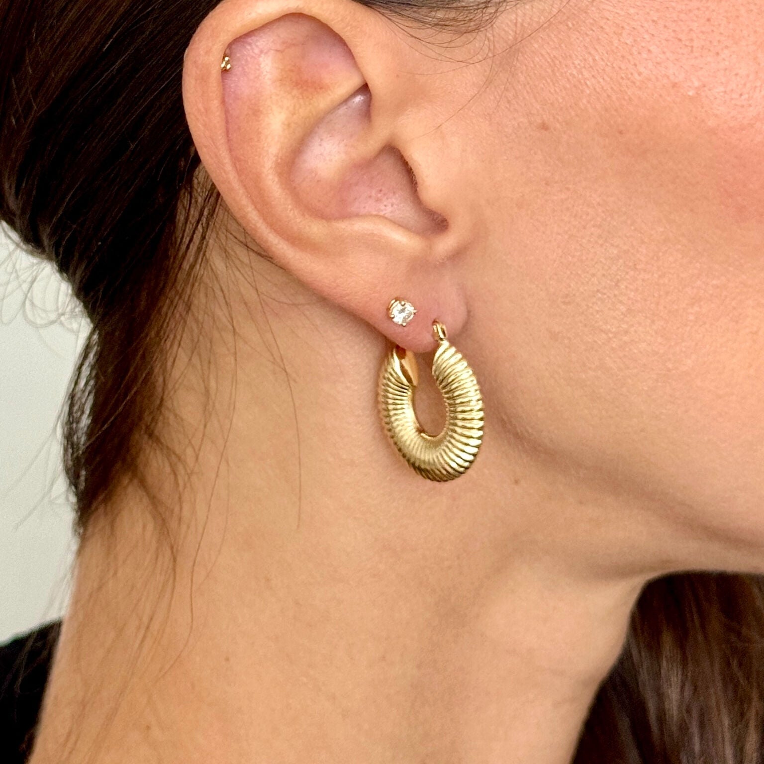 14K Gold Ribbed Hoops