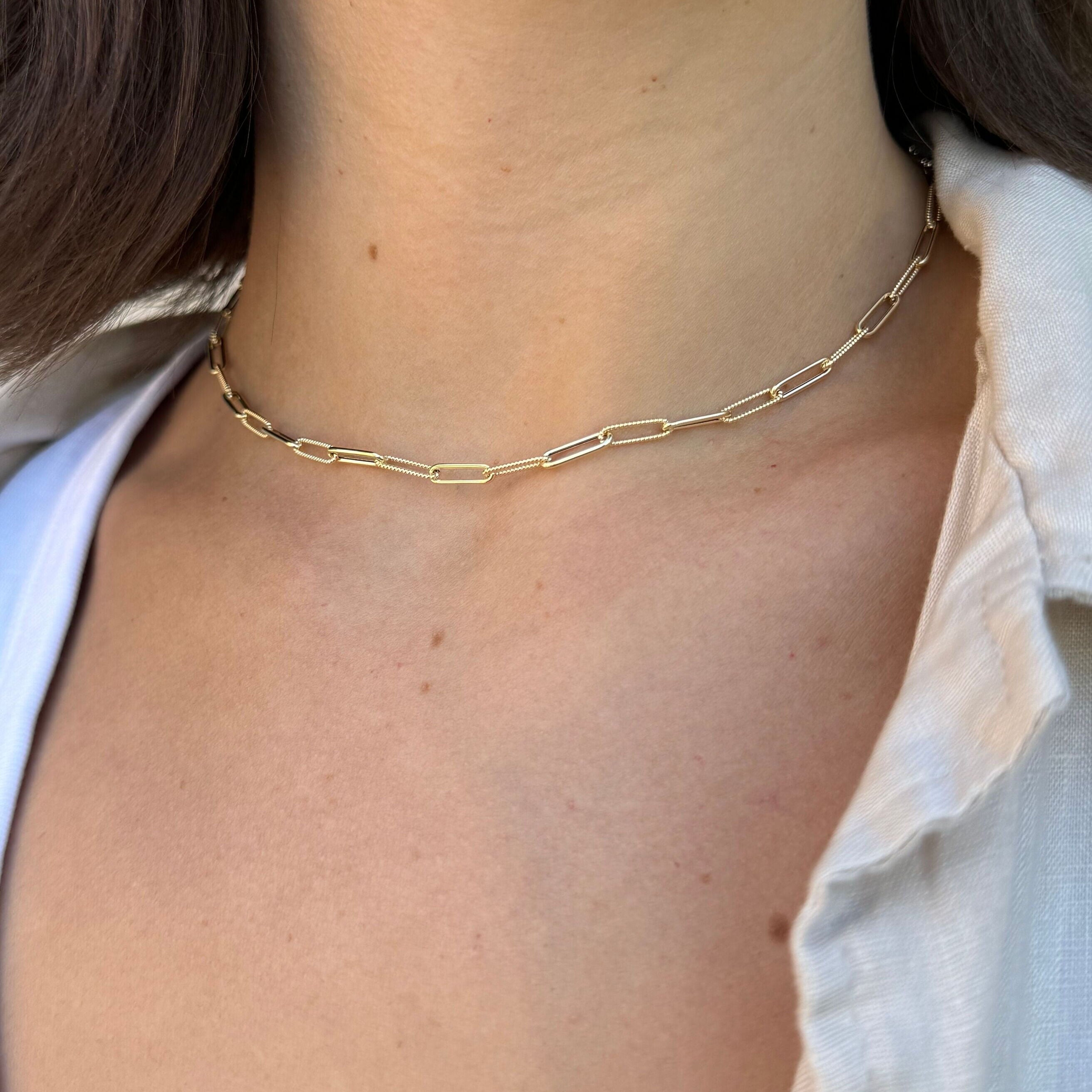 14K Gold Alternating Twist Link Paperclip Necklace