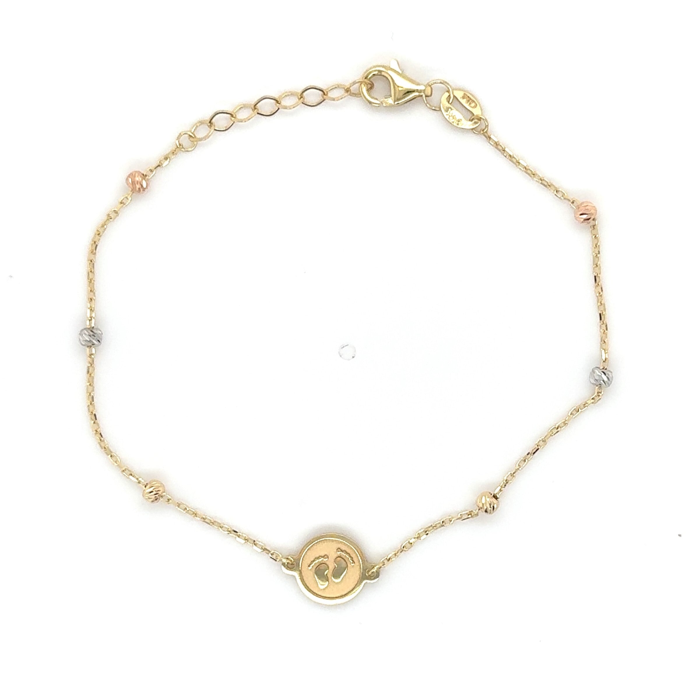 14K Tricolor Gold Baby Feet Charm Bracelet: 7 Inch Adjustable