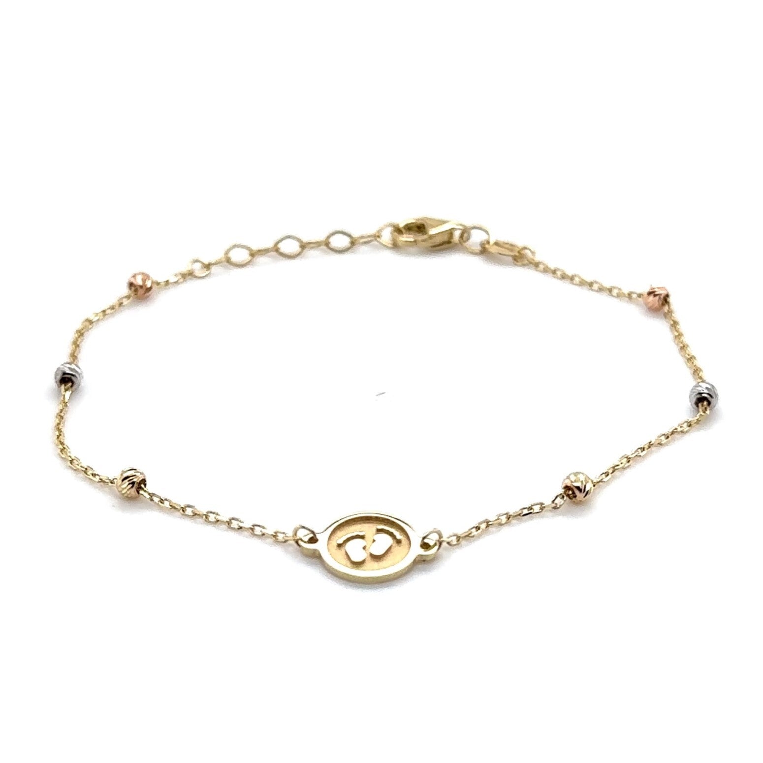 14K Tricolor Gold Baby Feet Charm Bracelet: 7 Inch Adjustable, Made In Italy