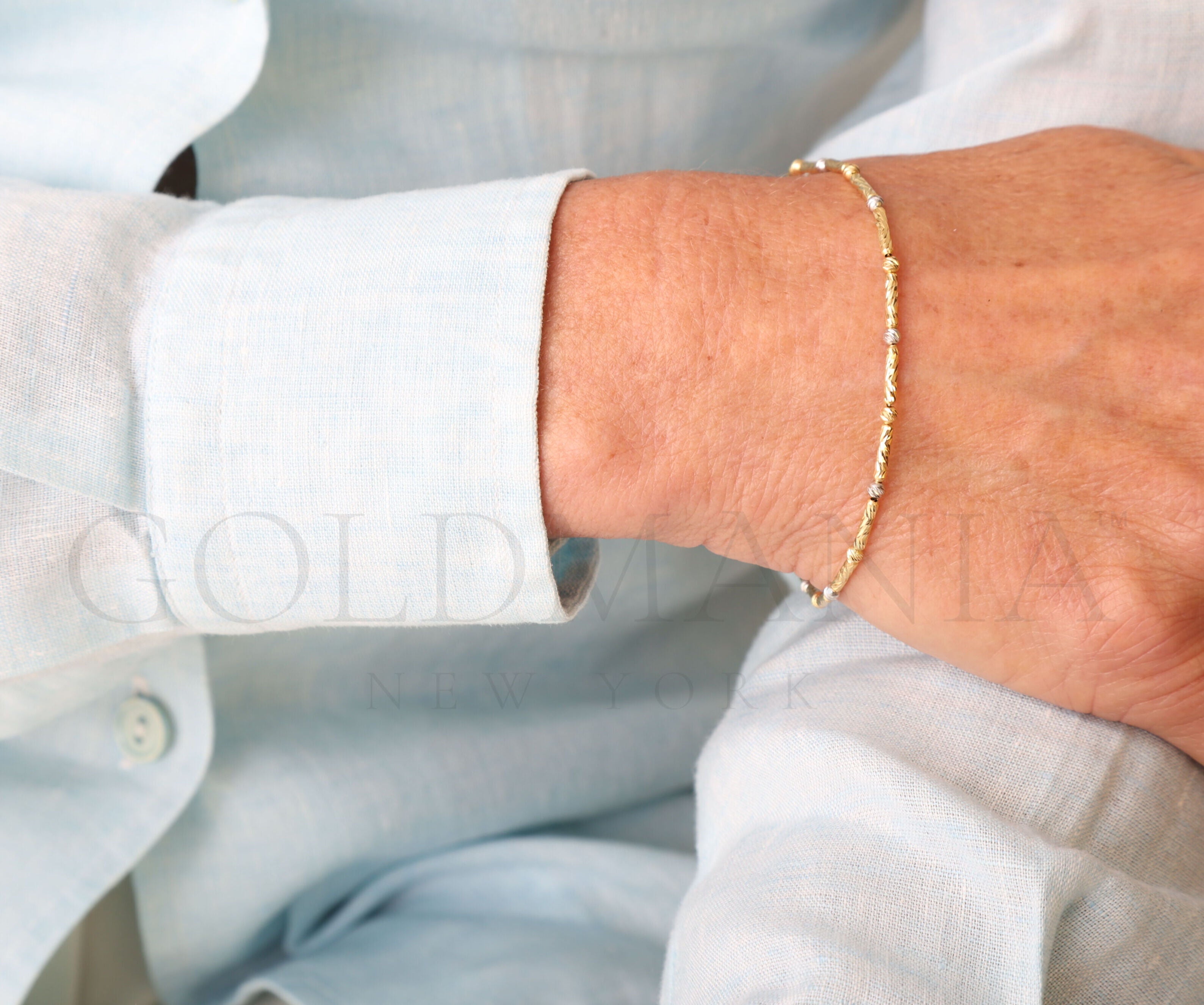 14K Two-Tone Gold Bar and Bead Bracelet – Elegant, Textured and Everyday Ready