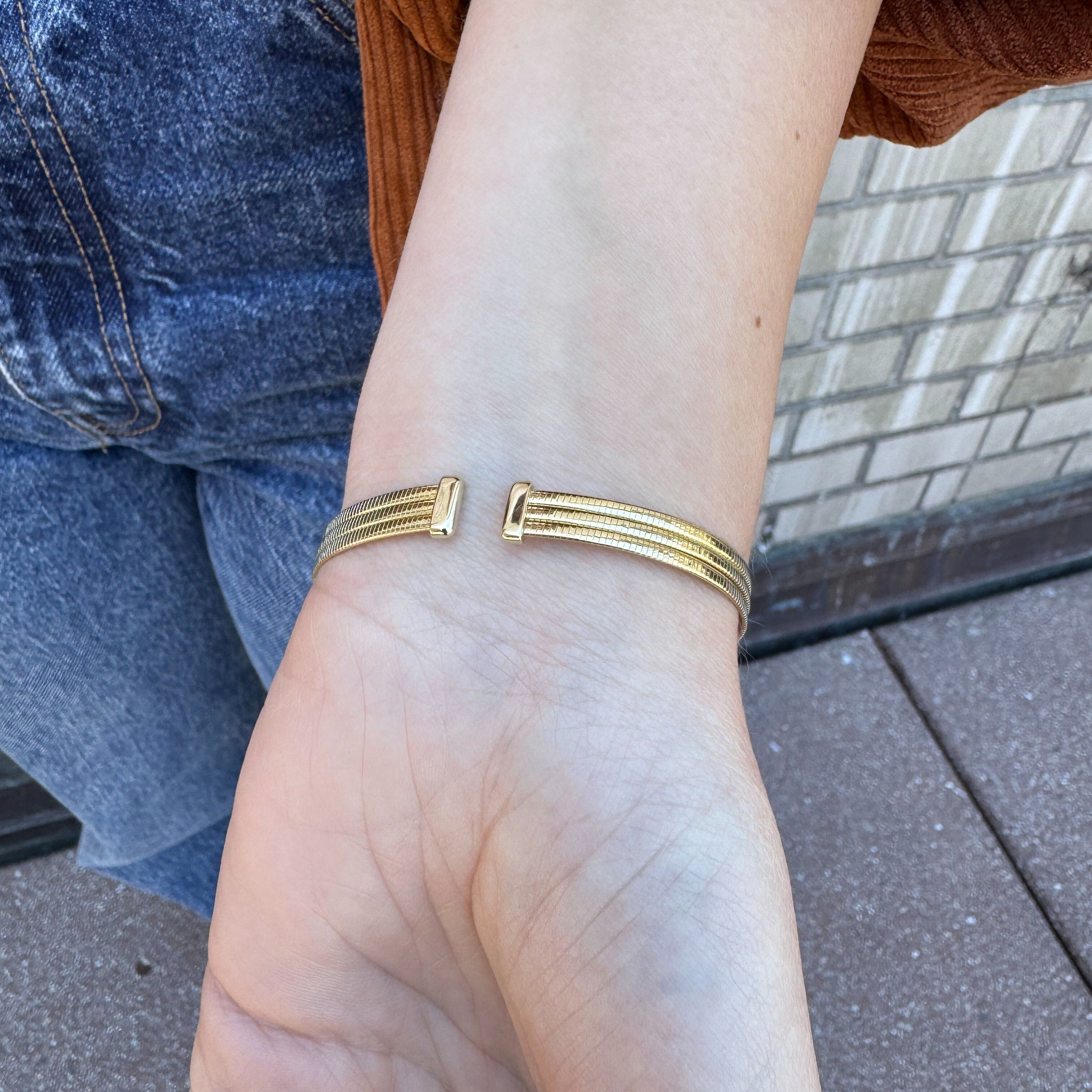 14K Gold Triple Omega Diamond Cuff Bangle – Elegant, Flexible & Natural Diamond Detail