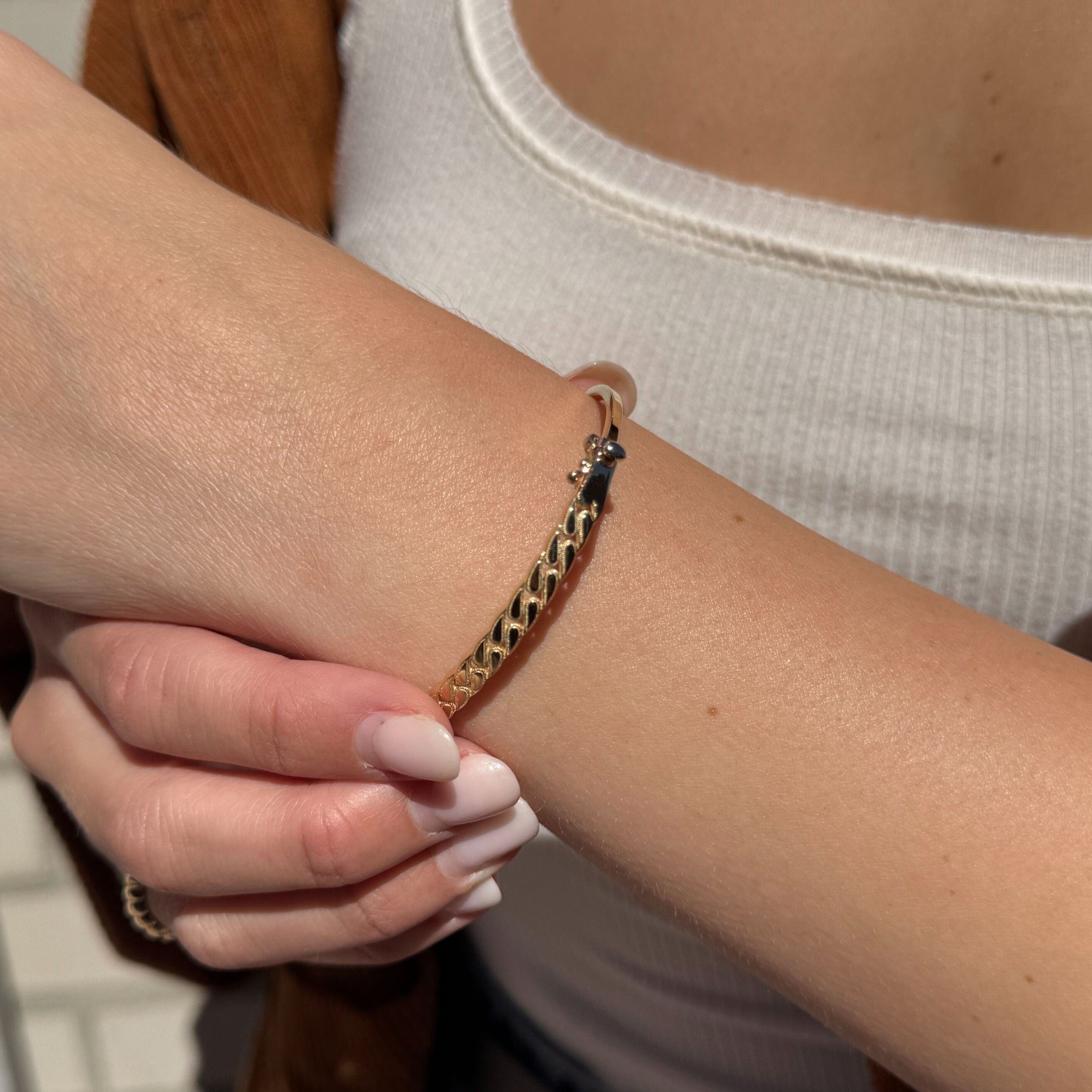 14K Yellow Gold Miami Cuban S-Link Bangle Bracelet 7" 4.6mm Thick Hinged With Box Clasp