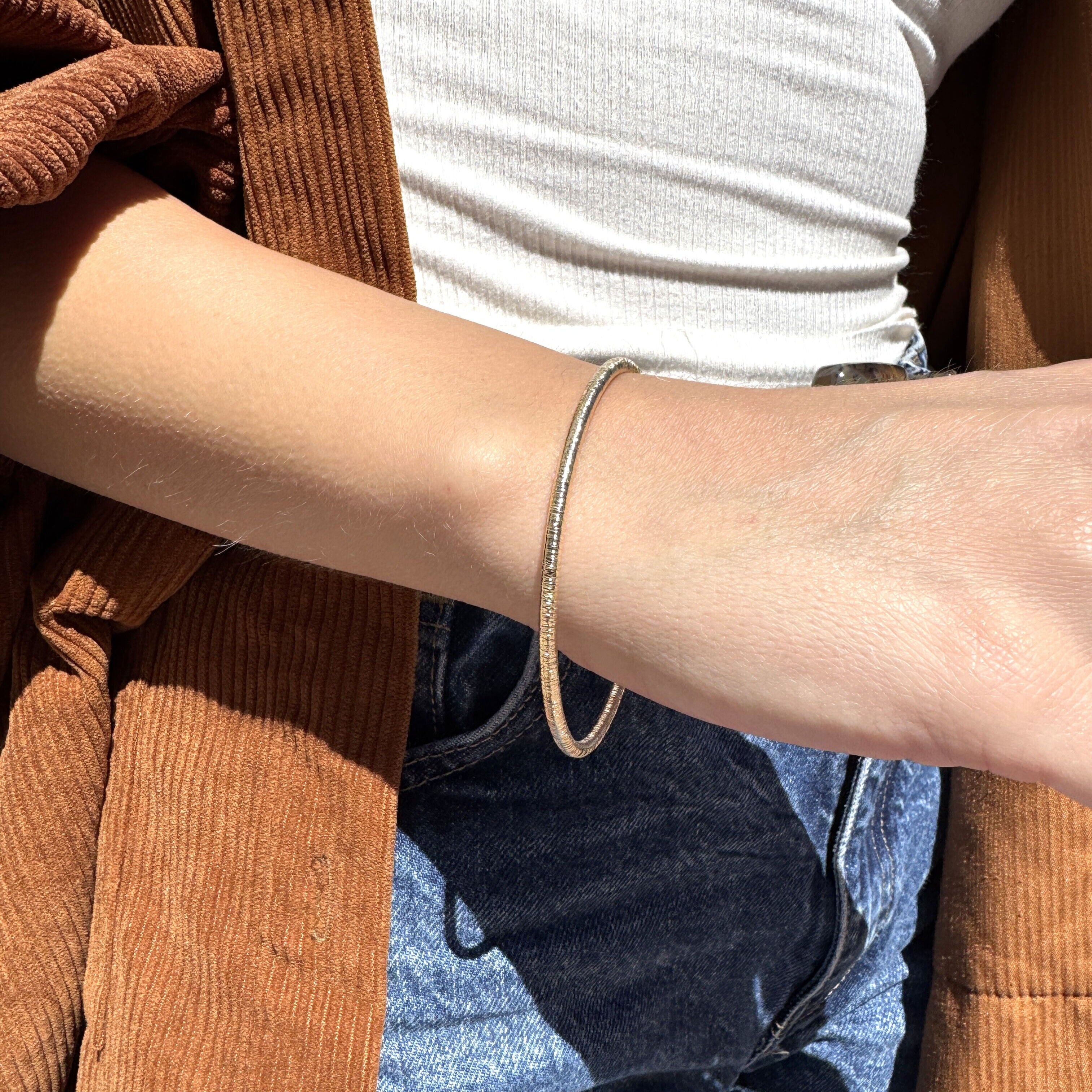 14K Gold Dainty Slip-On Textured Bangle