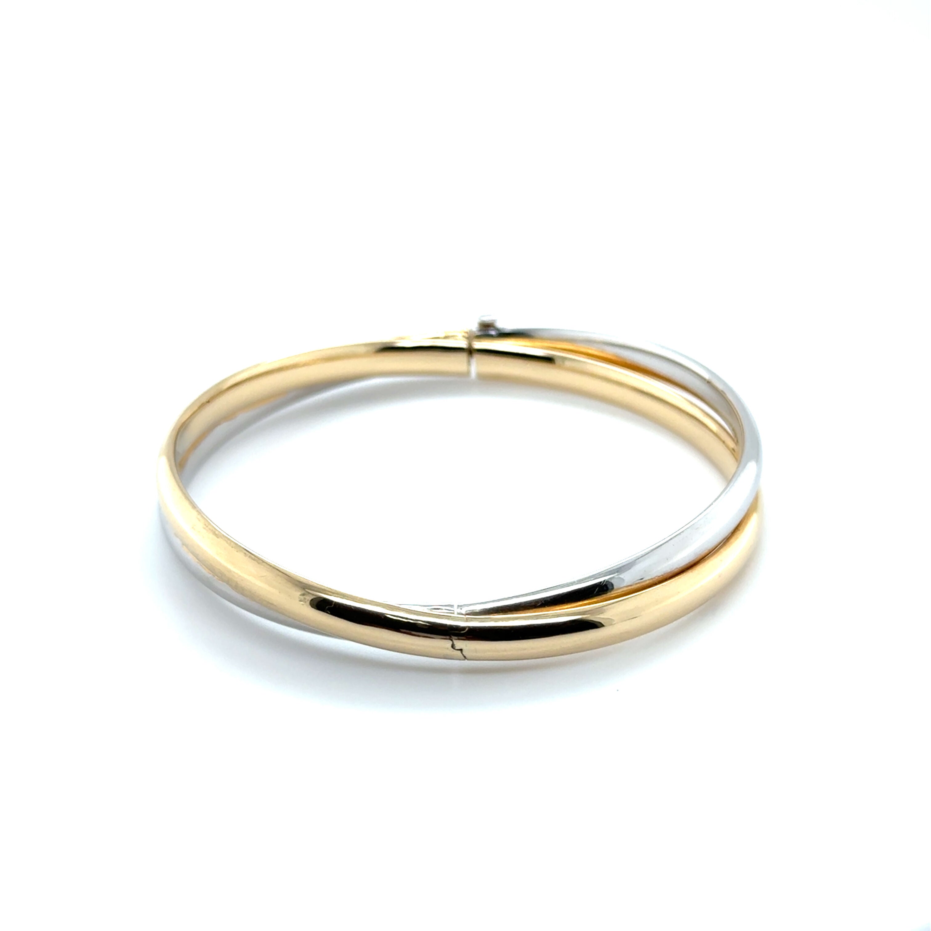 14K Two Tone Gold Yellow Gold And White Gold Polished Crossover Bangle Bracelet Hinged With Box Clasp 7" 8mm Thick