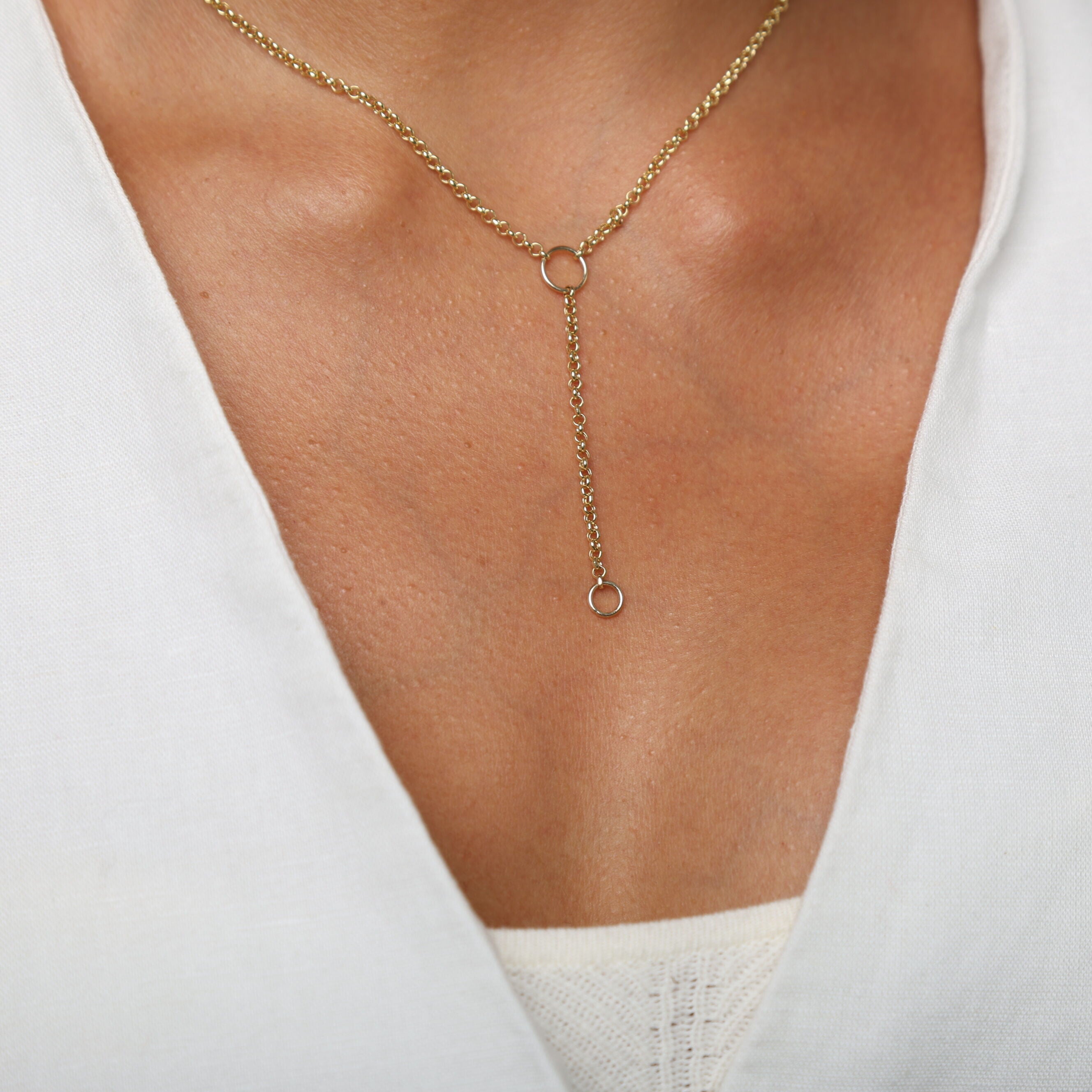 14K Gold Rolo Lariat Necklace: 18" Y-Drop Chain