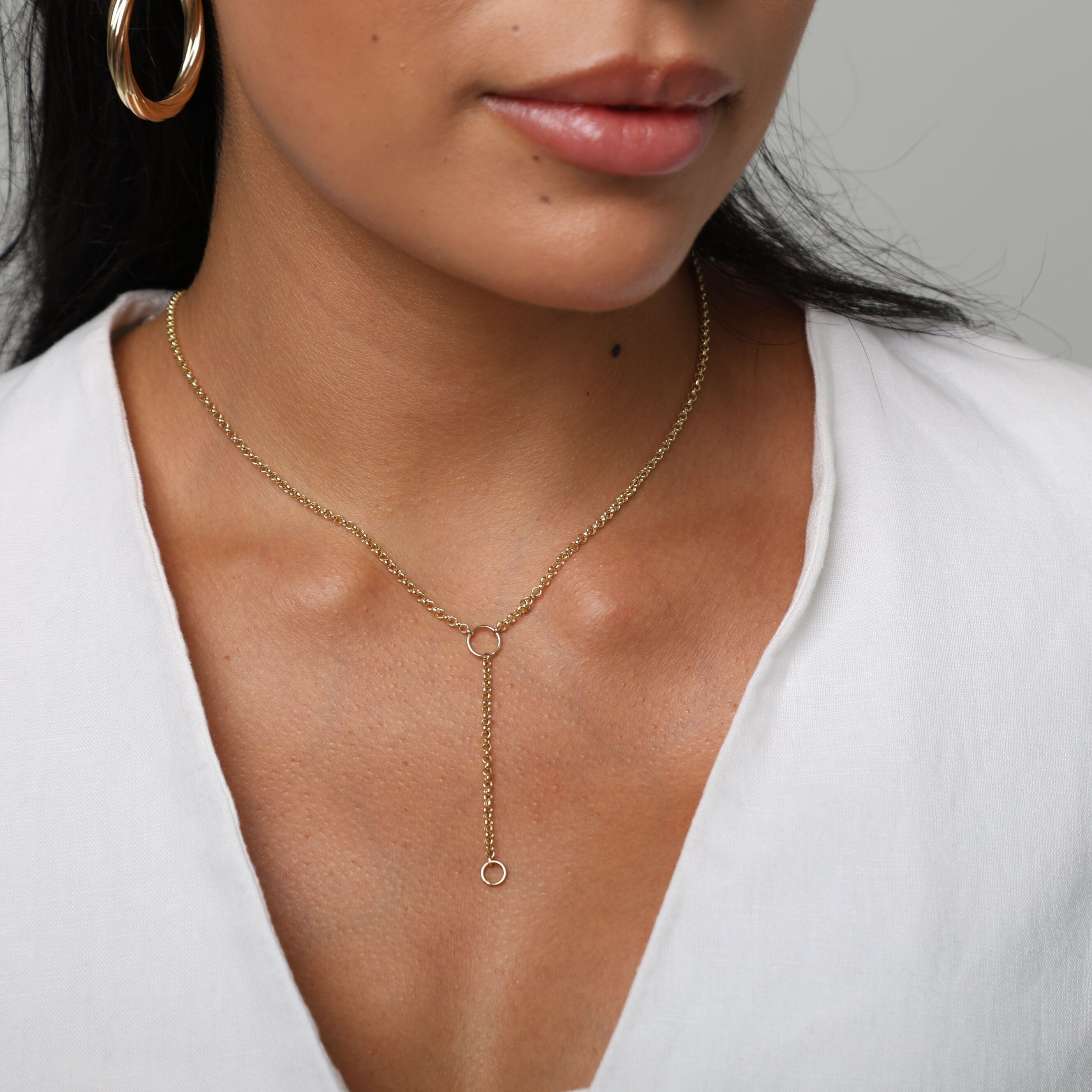14K Gold Rolo Lariat Necklace: 18" Y-Drop Chain