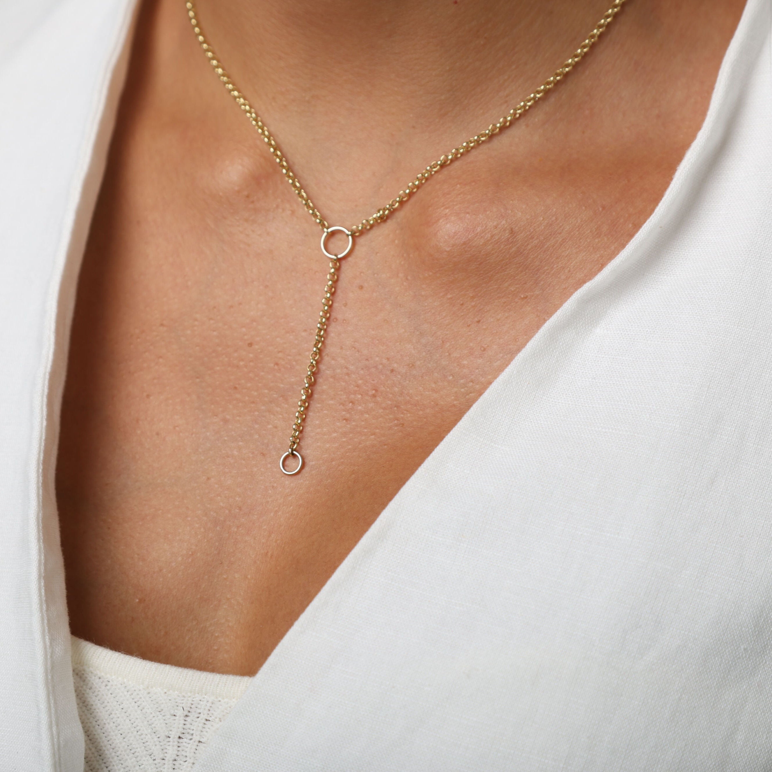 14K Gold Rolo Lariat Necklace: 18" Y-Drop Chain