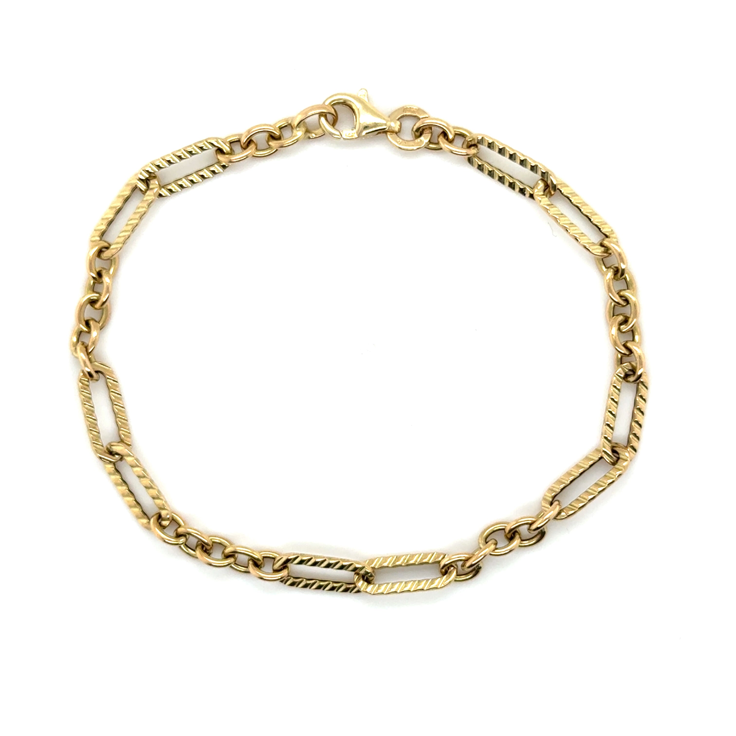 14K Gold Paperclip And Round Link Bracelet: Textured and Polished Links, 7"