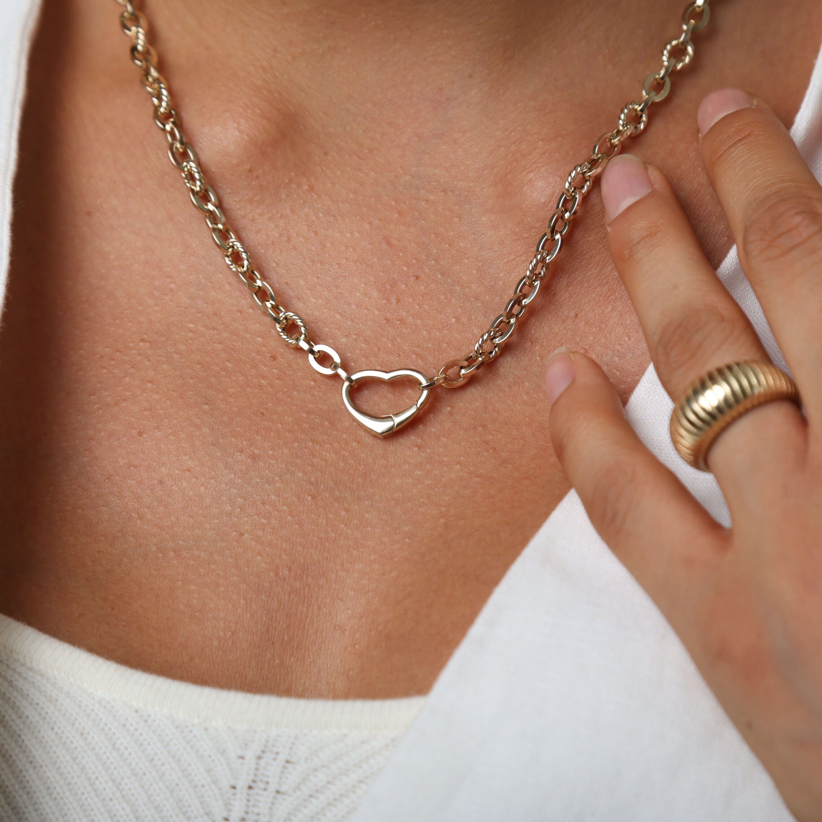 14K Yellow Gold Heart Charm Holder Necklace – 18" Chunky Gold Chain
