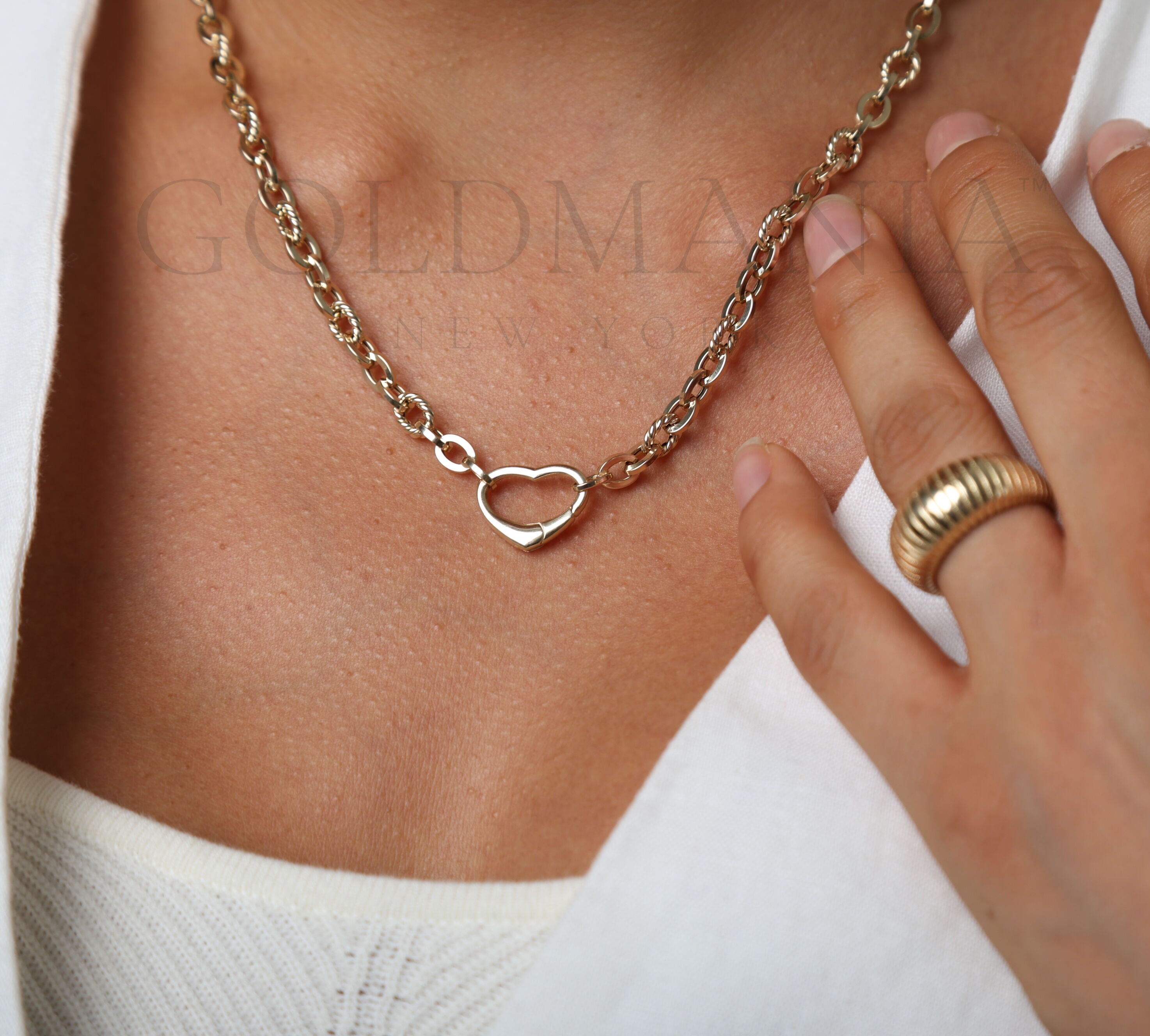 14K Yellow Gold Heart Charm Holder Necklace – 18" Chunky Gold Chain