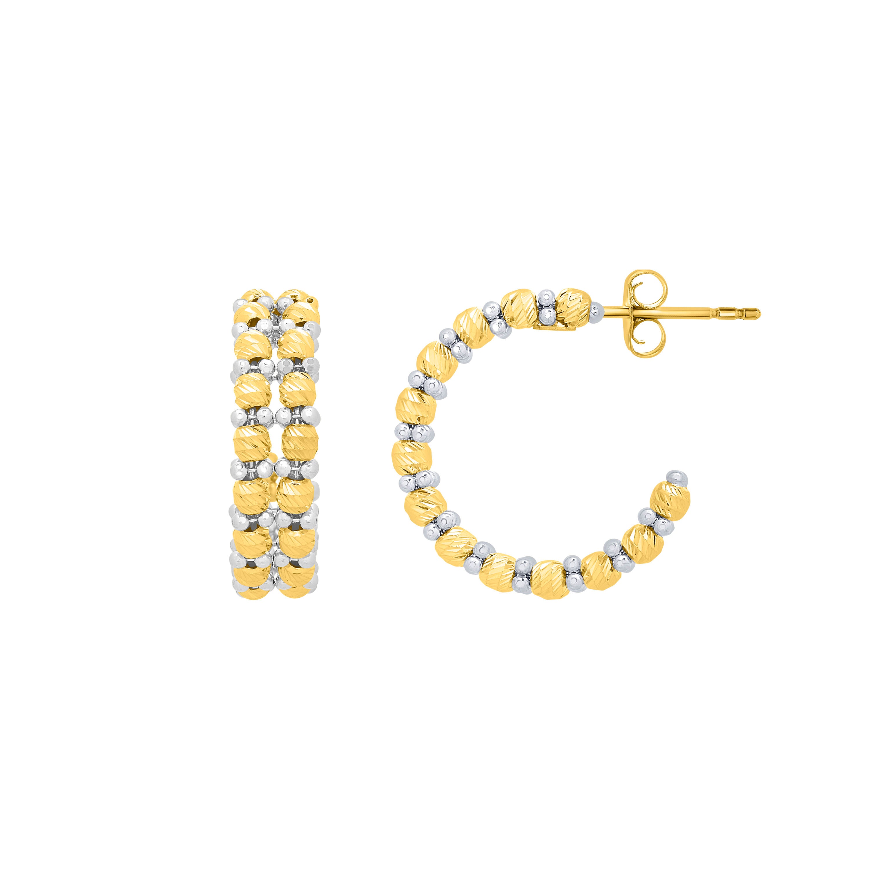 14K Two Tone Gold Beaded Double Row C-Hoop Earrings