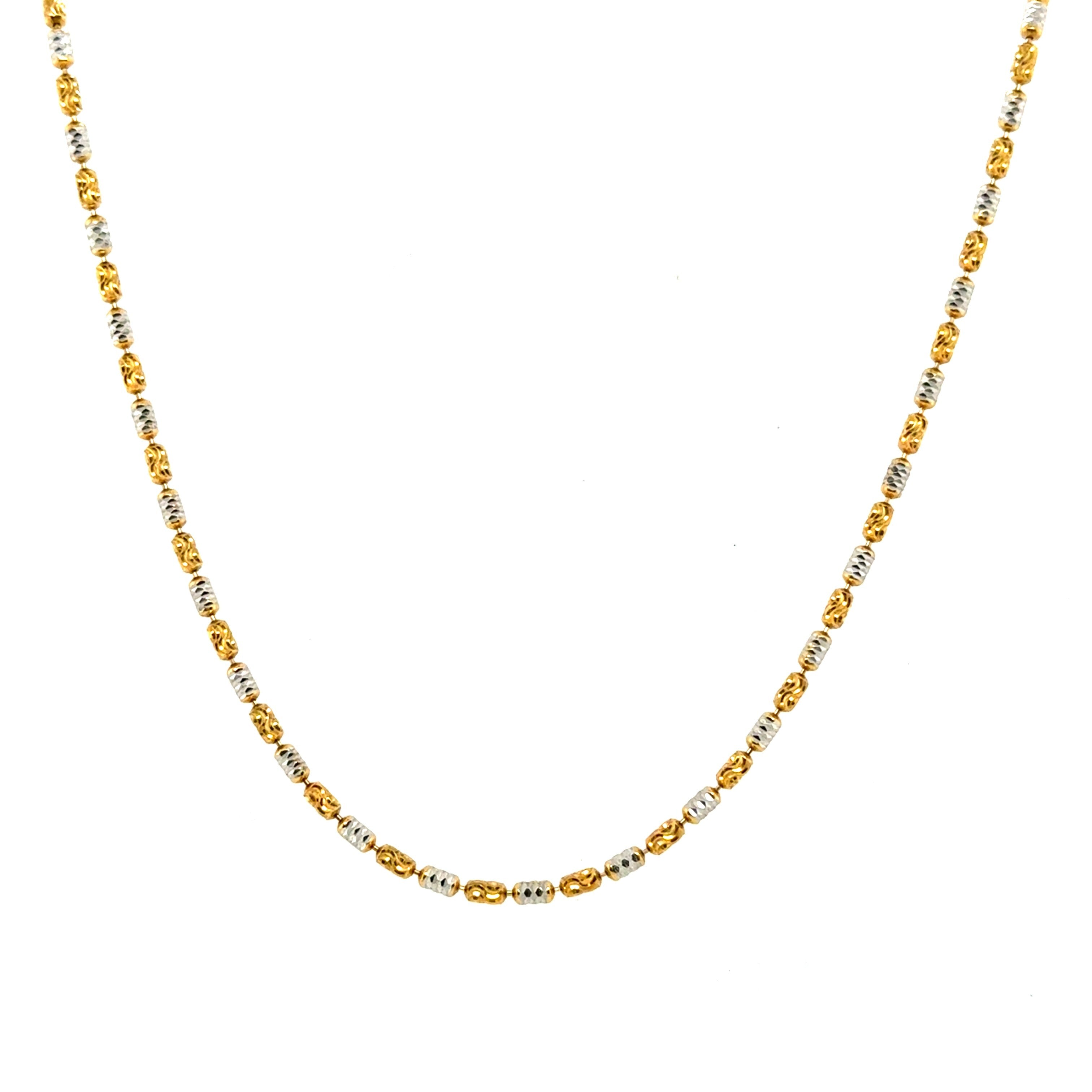 14K Two Tone Gold Barrel Bead Necklace - Diamond Cut, Dainty and Elegant