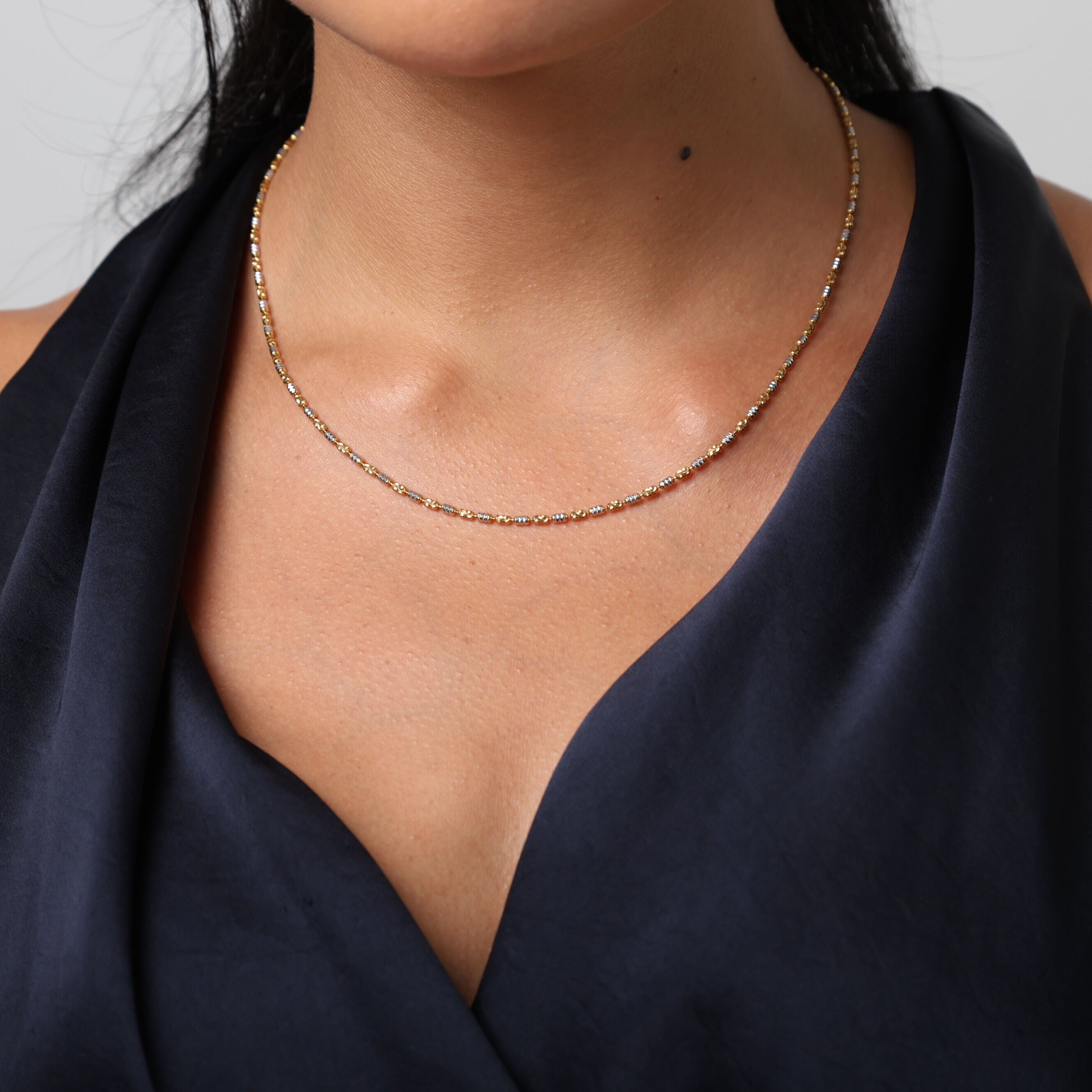 14K Two Tone Gold Barrel Bead Necklace - Diamond Cut, Dainty and Elegant