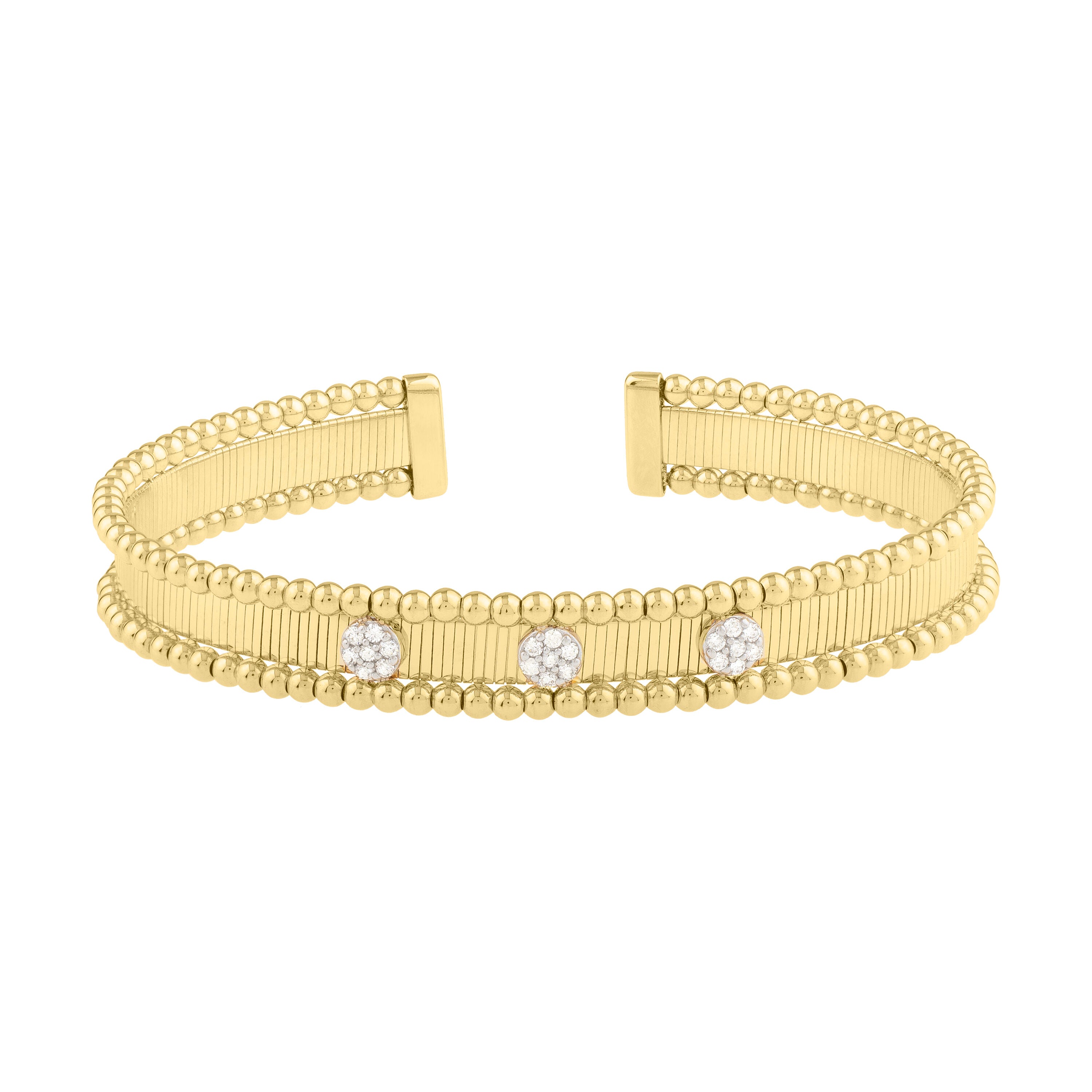 14k Gold & Diamond Ribbed Cuff Bangle with Beaded Edge