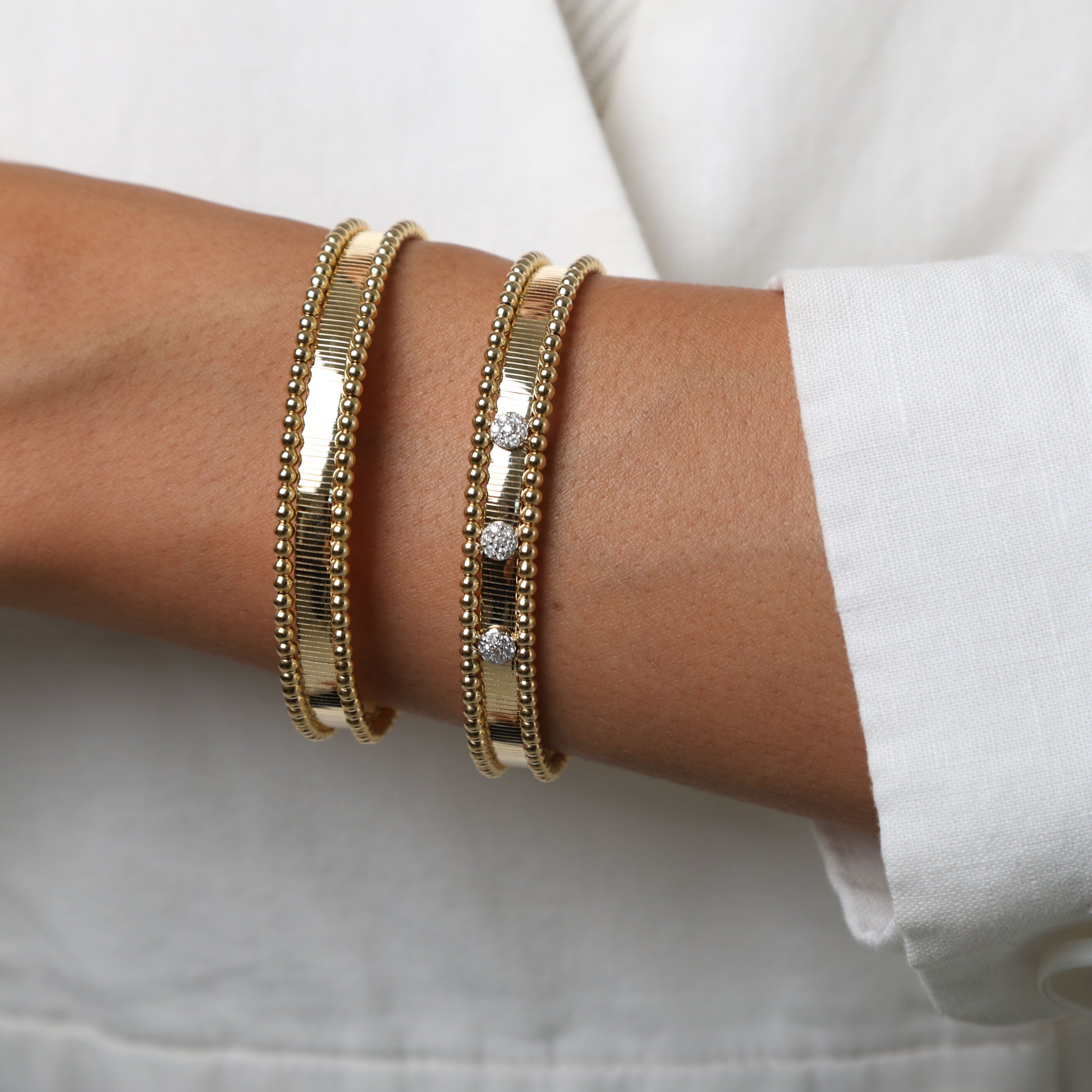 14k Gold & Diamond Ribbed Cuff Bangle with Beaded Edge