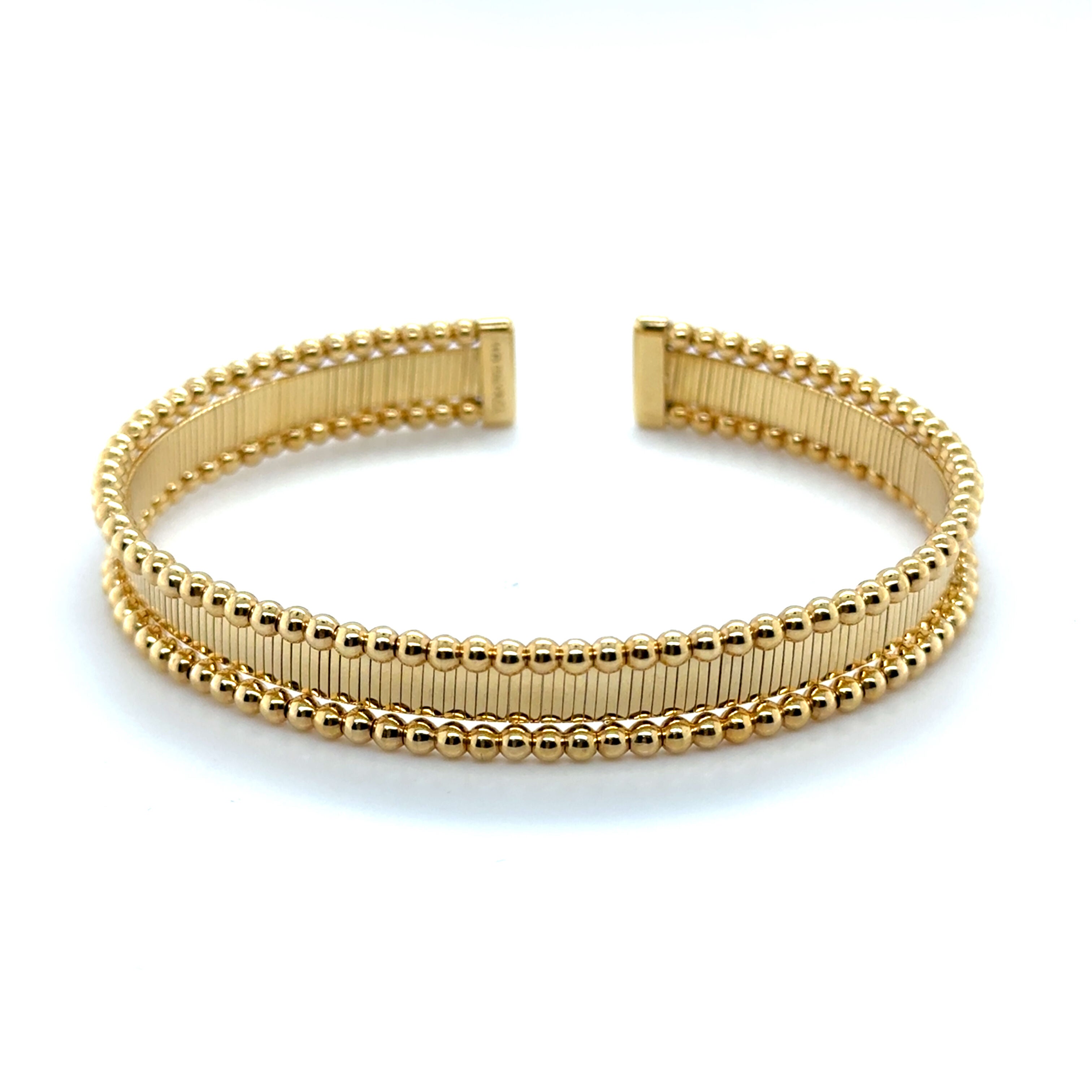14K Gold Ribbed Cuff Bangle with Beaded Edge: Bold & Elegant