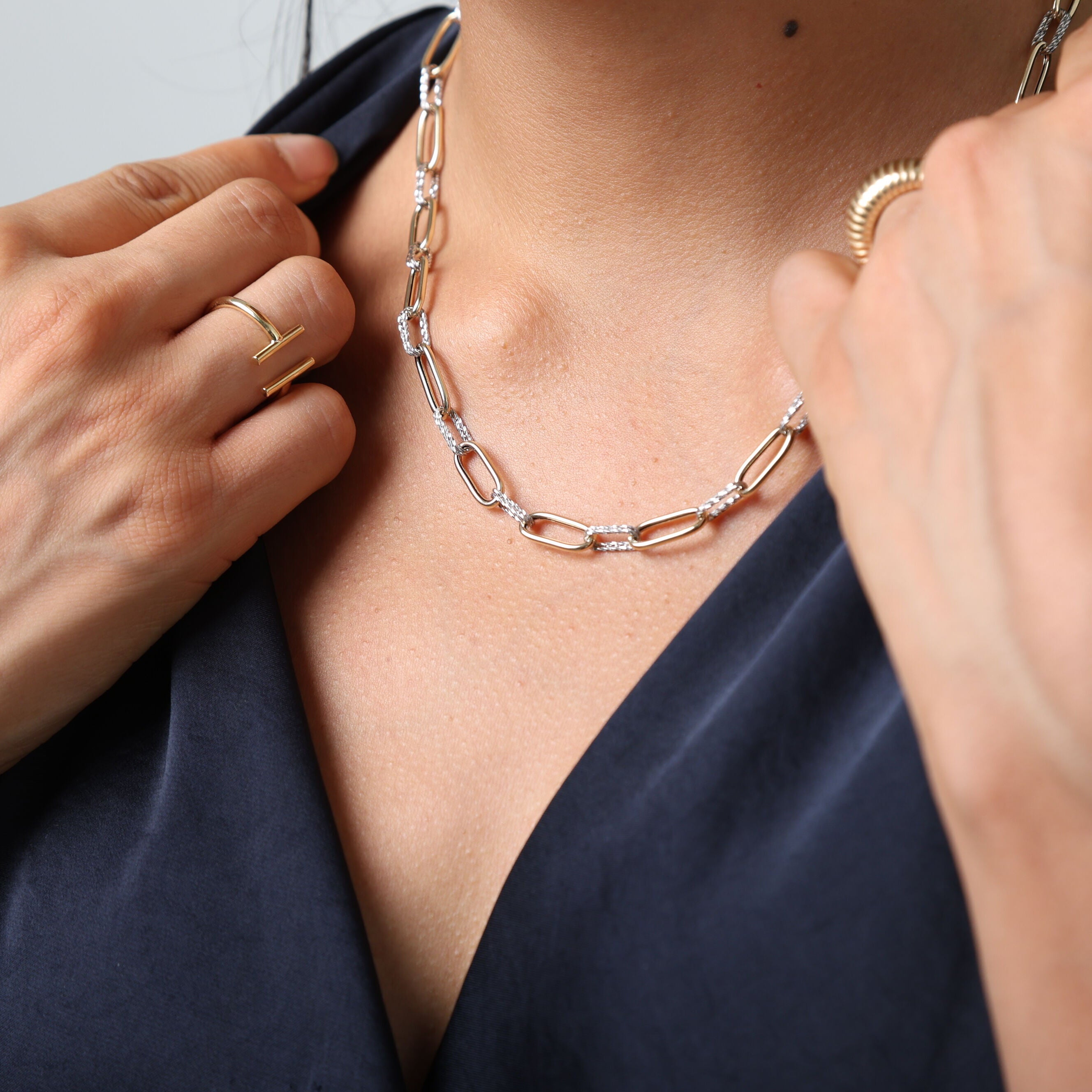 14K Two Tone Gold Sparkle Paperclip Necklace: 18" Polished & Textured Links, Made In Italy