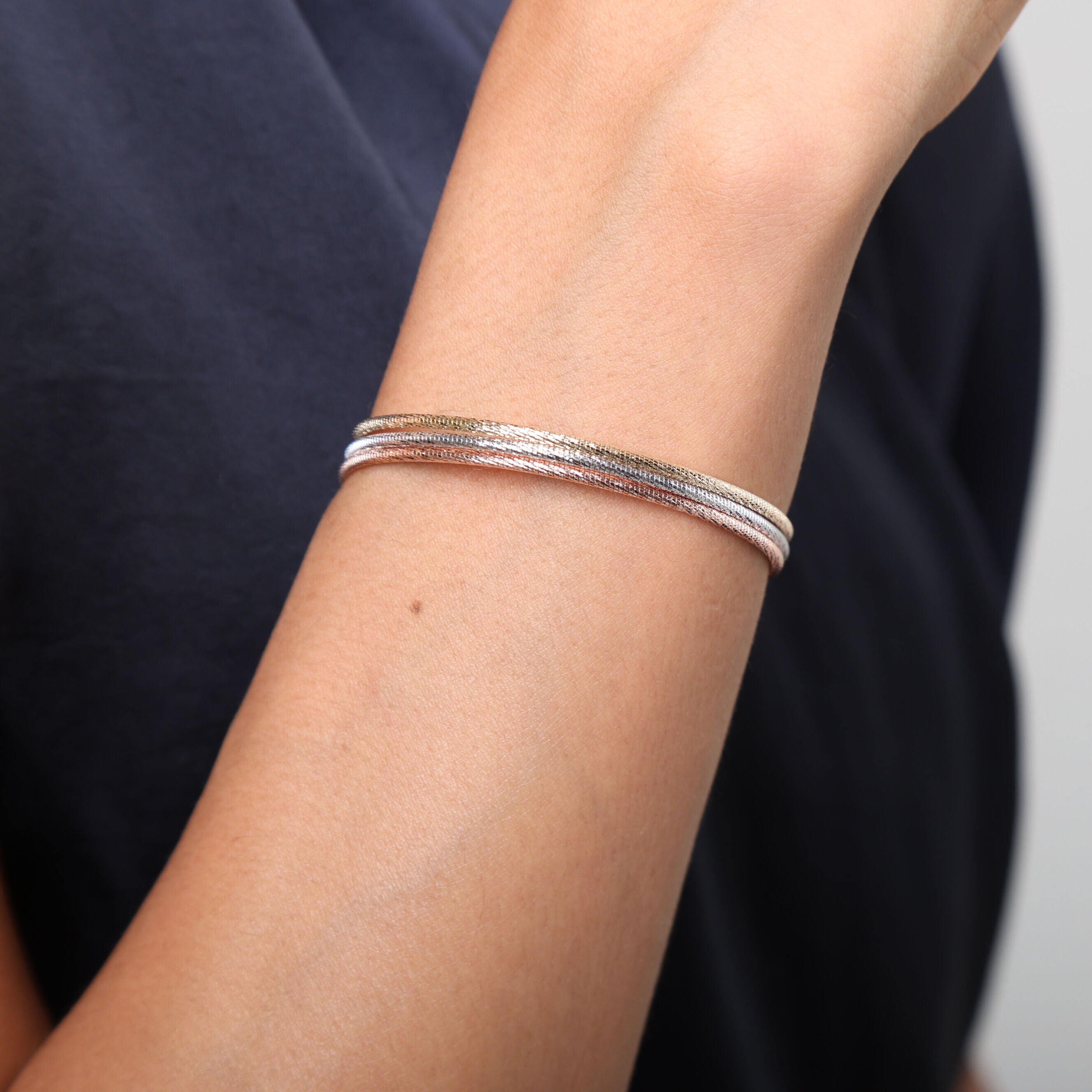 14K Gold Diamond Cut Sparkle Bangle Bracelet: Stackable - 7" Adjustable, Yellow, White or Rose Gold