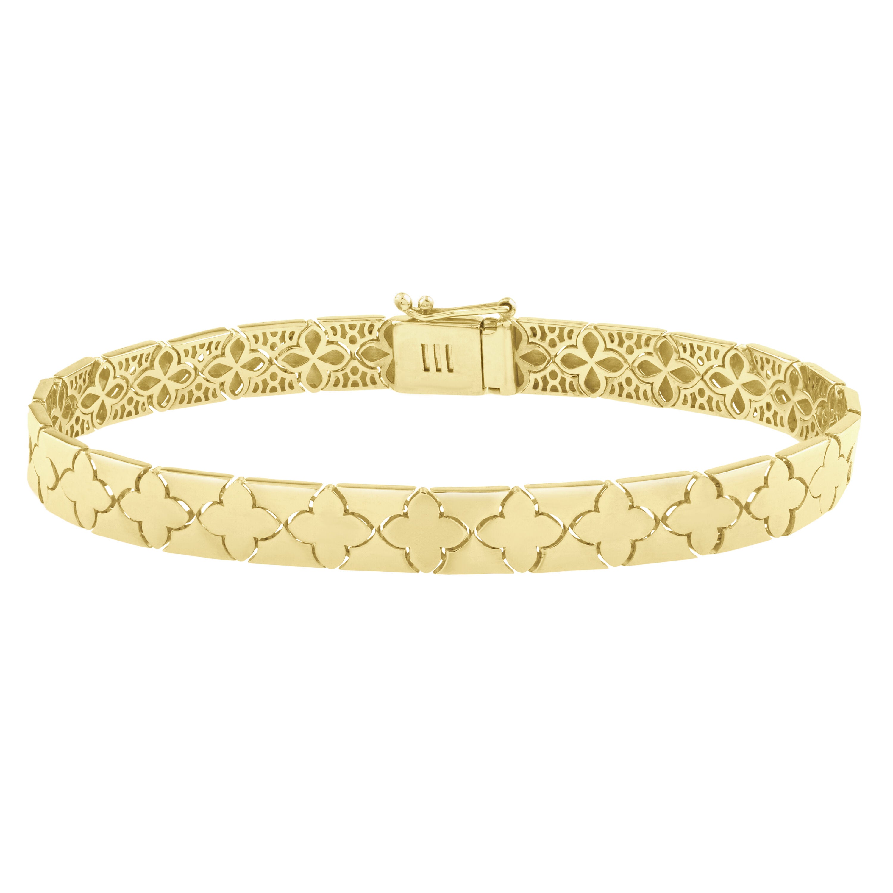 14K Yellow Gold Clover Pattern Flat Bracelet, Real Gold Clover Bracelet, Box Clasp, 7", 6.5mm thick
