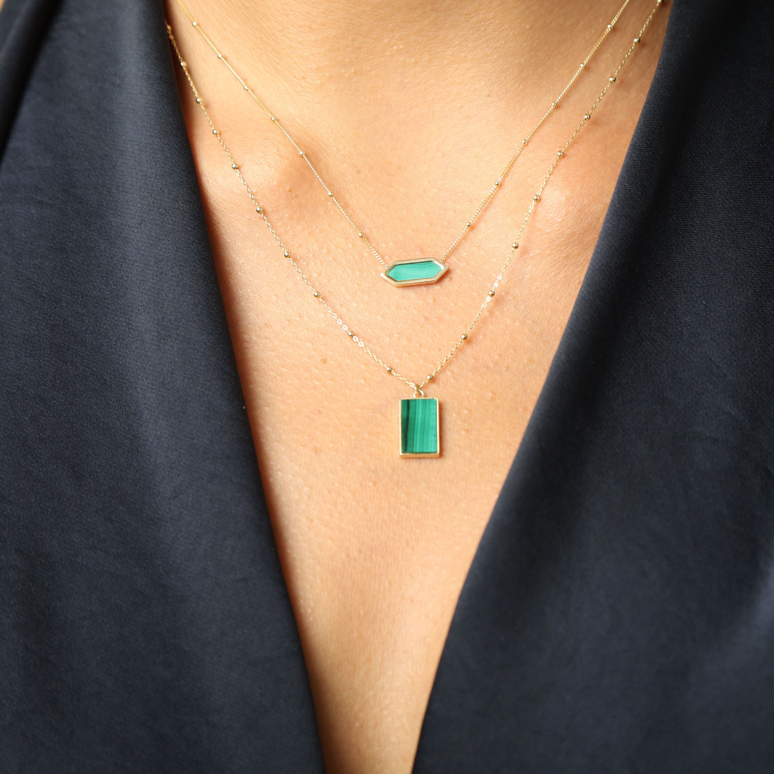 14K Gold Malachite Hexagon Pendant Necklace