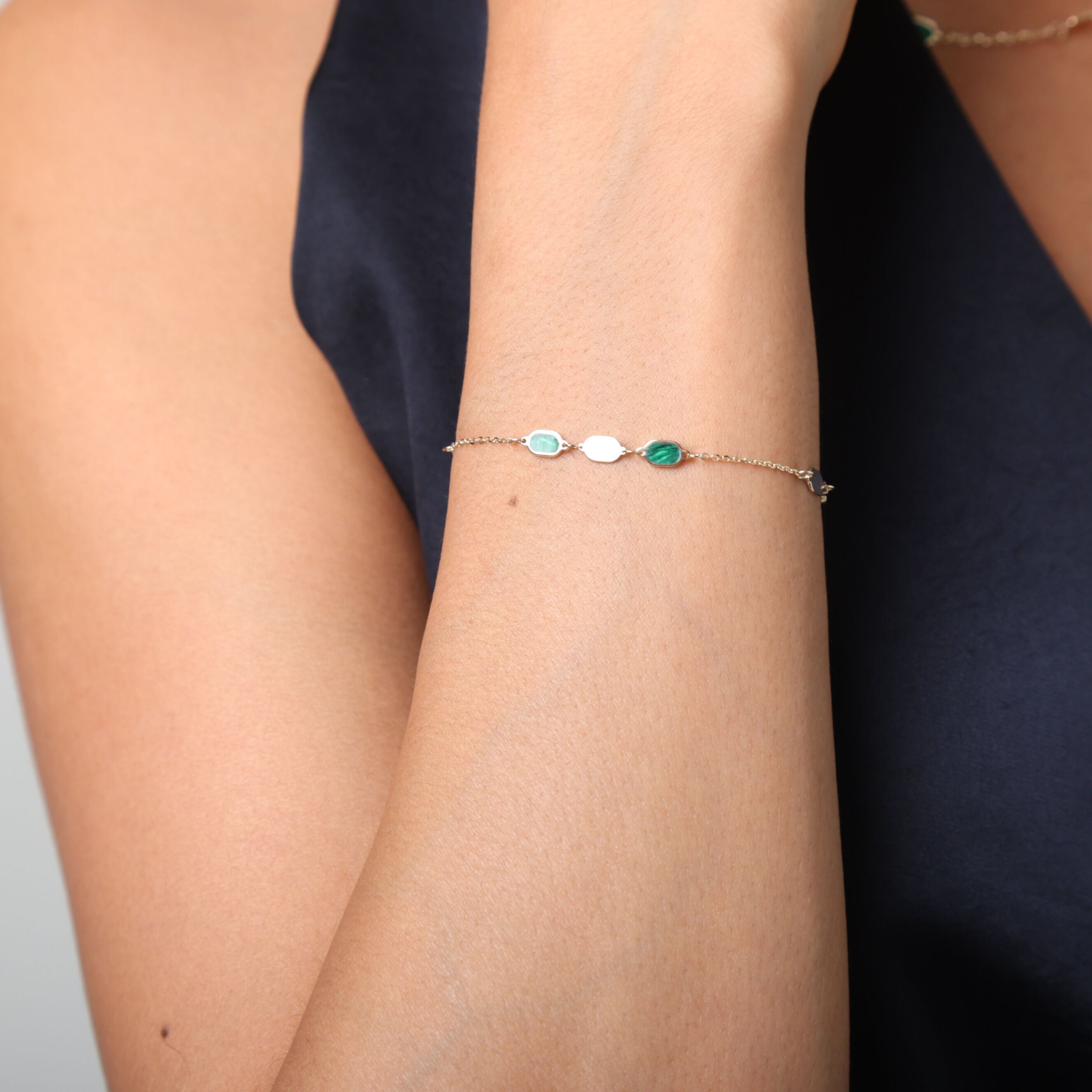 14K Gold & Malachite Hexagon Link Bracelet - 7.5"