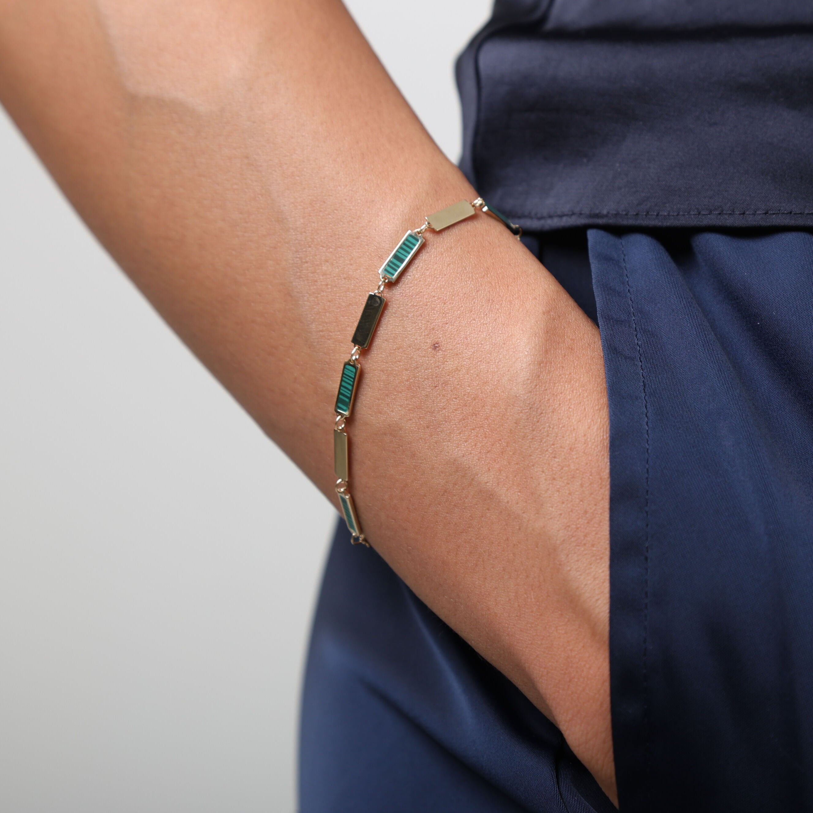 14K Gold & Malachite Rectangle Link Bracelet 7.5"