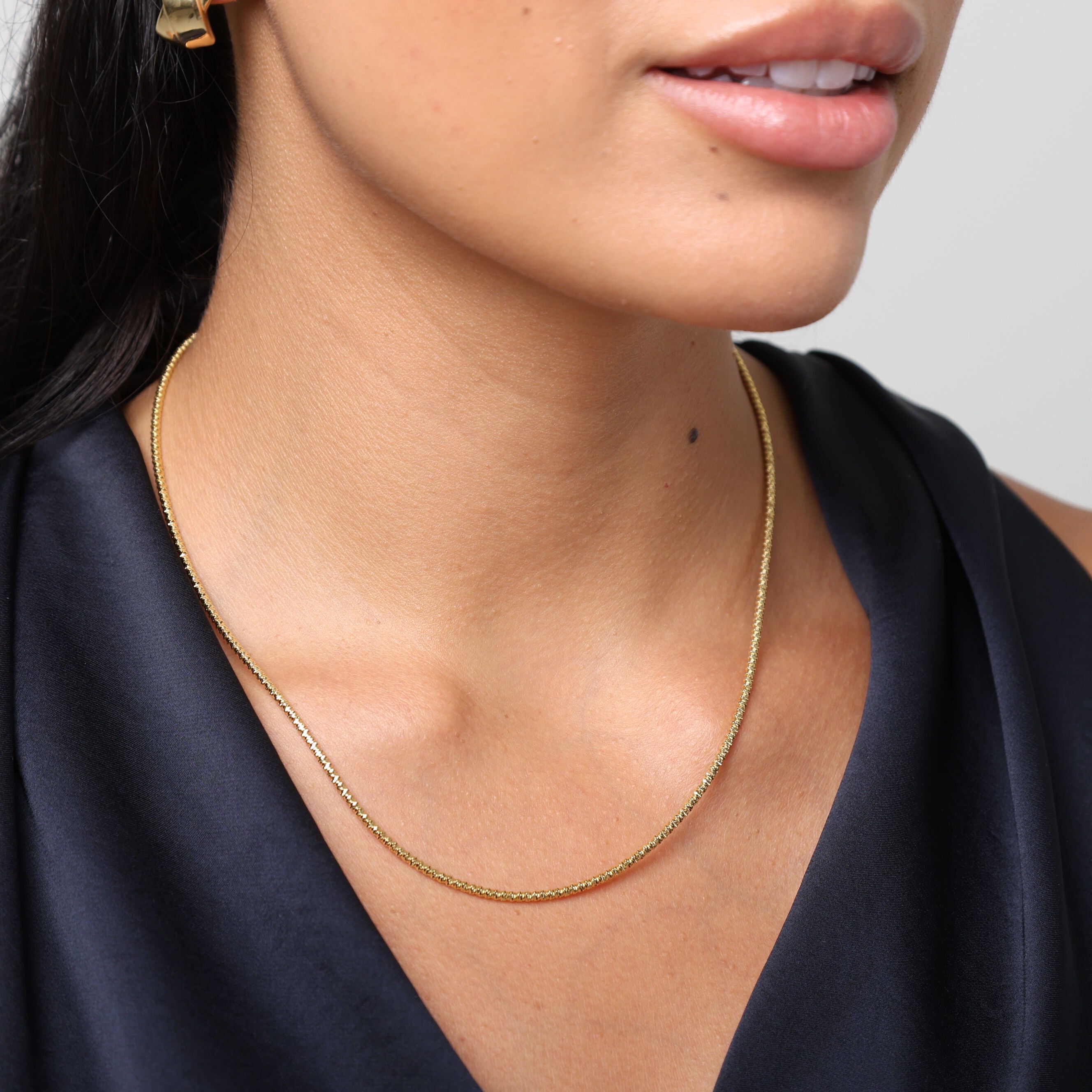 14K Gold Sparkle Diamond Cut Beaded Necklace: 18" / 2mm, Made In Italy