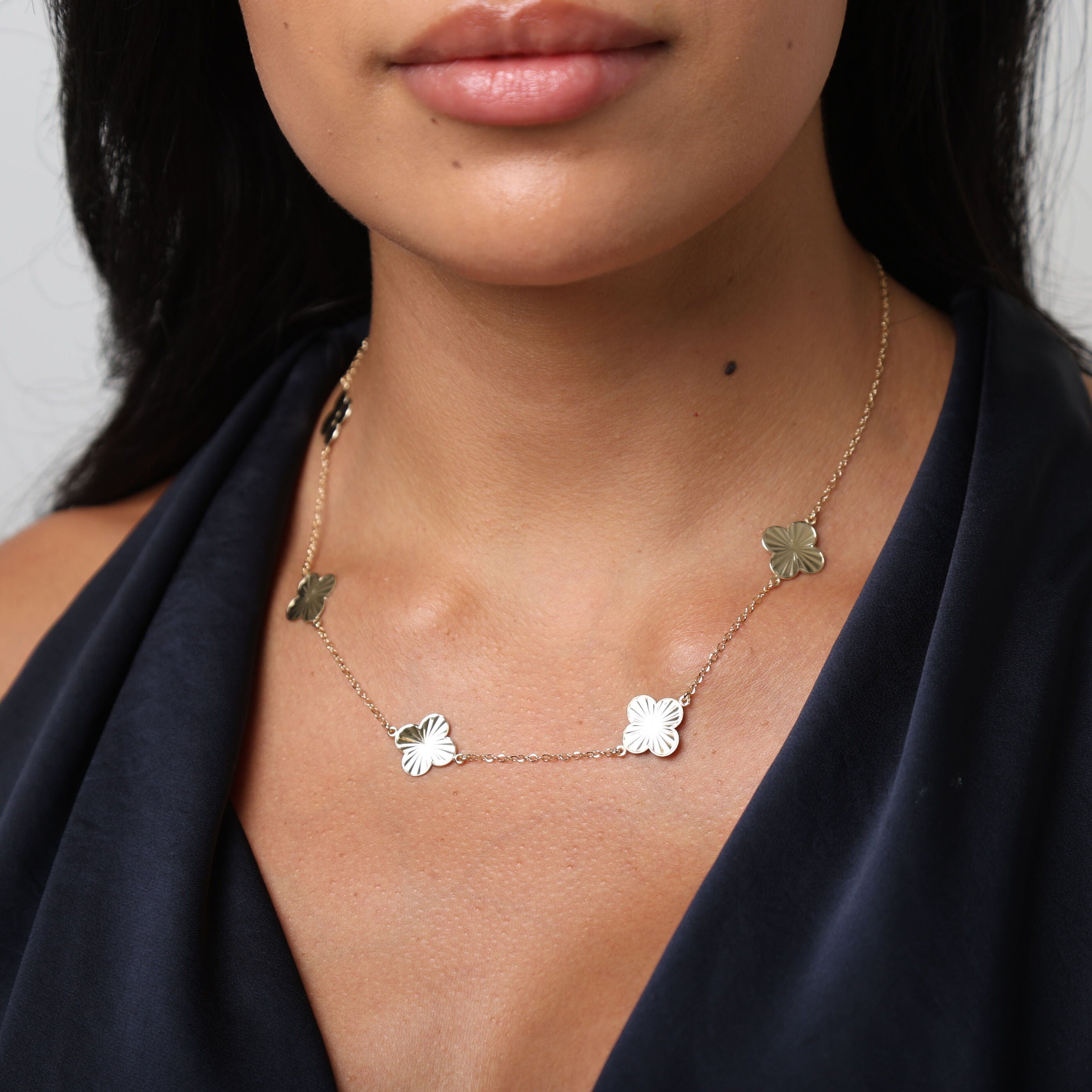 14K Gold Large Clover Station Necklace: 18" Adjustable Made In Italy